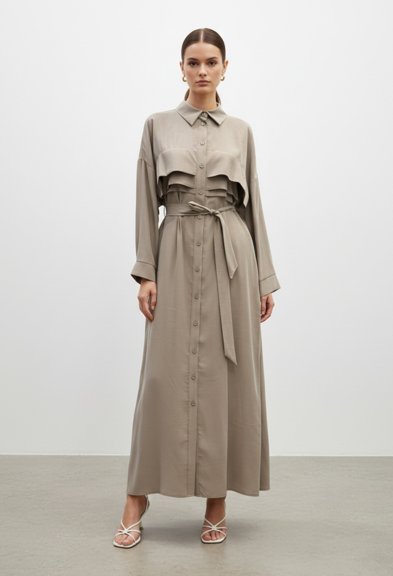 Beige Elegant Modest Shirt Dress With Long Sleeves - Brand: Puane - Women & Kids, Baby Clothes Wholesale - TheBS Women