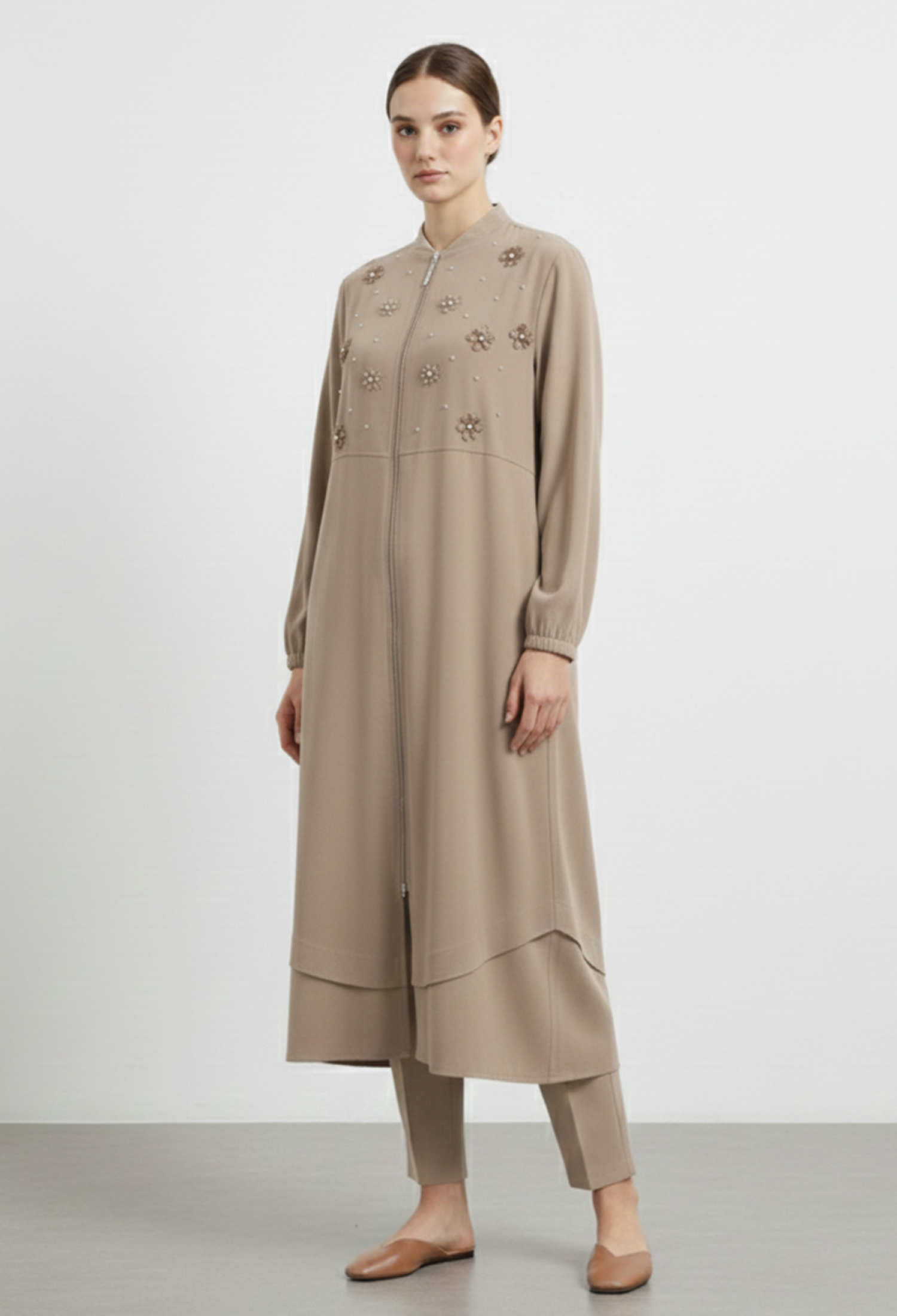 Beige Cardigan With Butterfly Pattern - Zip UpLong Shawl Collar - Brand: Puane - Women & Kids, Baby Clothes Wholesale - TheBS Women