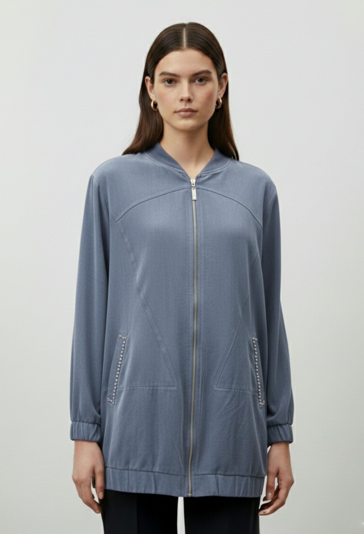 Blue Bomber Jacket Oversized Fit Long Sleeve Zip Up - Brand: Puane - Women & Kids, Baby Clothes Wholesale - TheBS Women