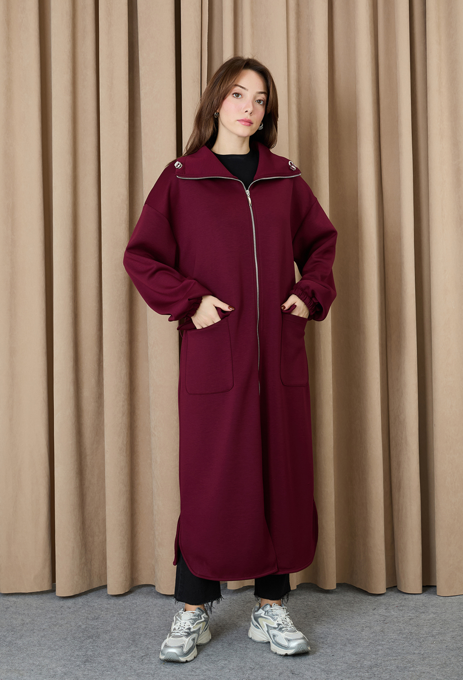 Claret Red Hooded Oversized Fit Coat - Brand: Puane - Women & Kids, Baby Clothes Wholesale - TheBS Women