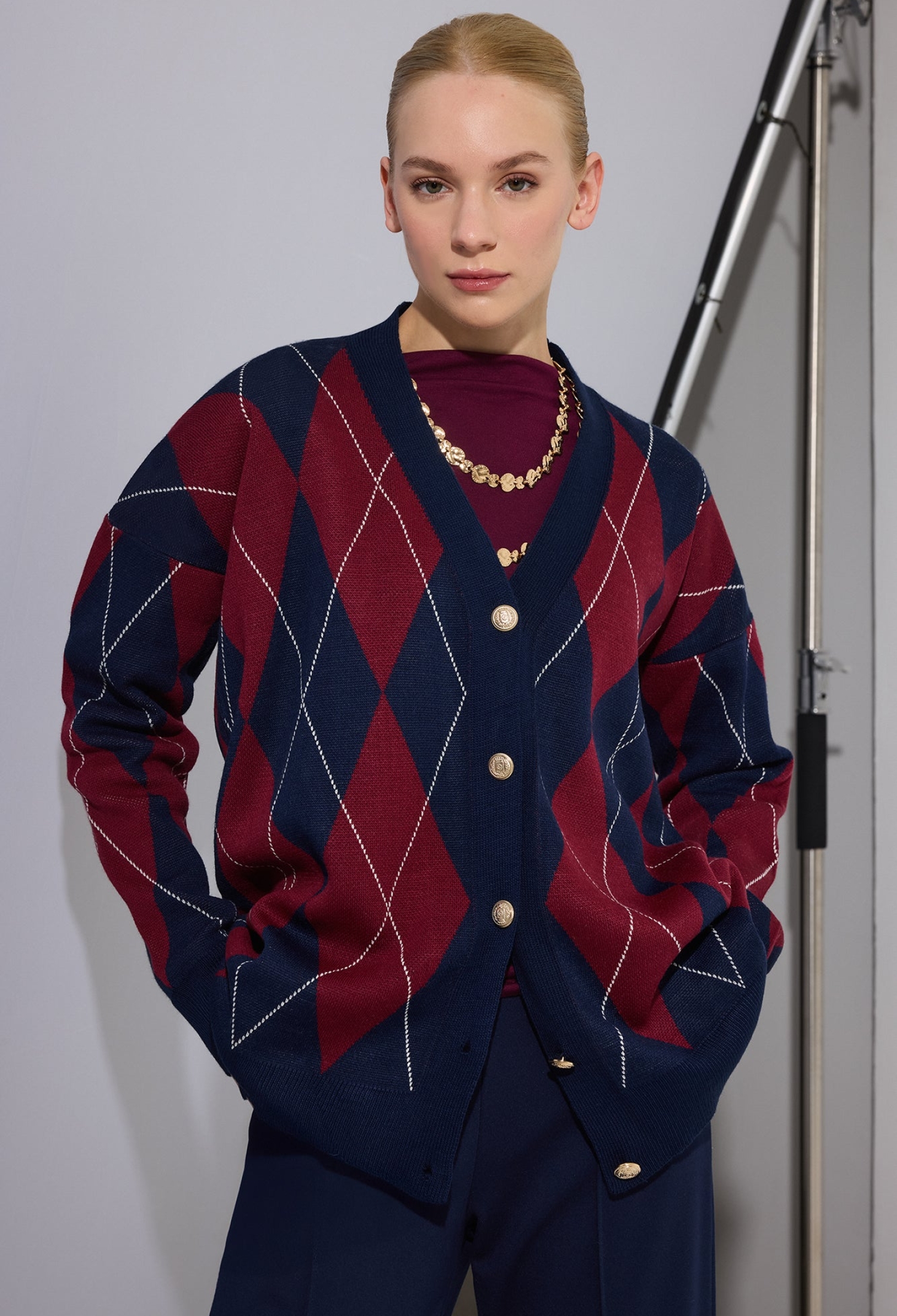 Navy Blue Cardigan - Oversized Argyle V-Neck Sweater - Brand: Touche Prive - Women & Kids, Baby Clothes Wholesale - TheBS Women