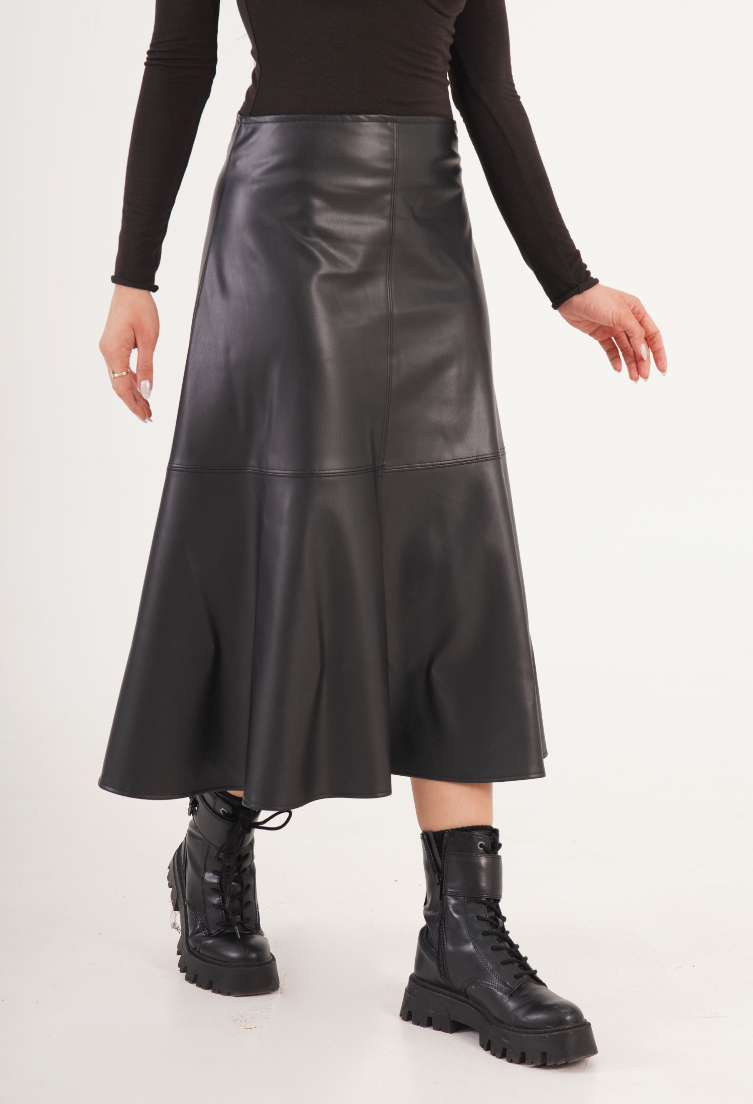 Black Flared Midi Skirt With Mid Waist - Casual & Elegant - Brand: Lustrin - Women & Kids, Baby Clothes Wholesale - TheBS Women