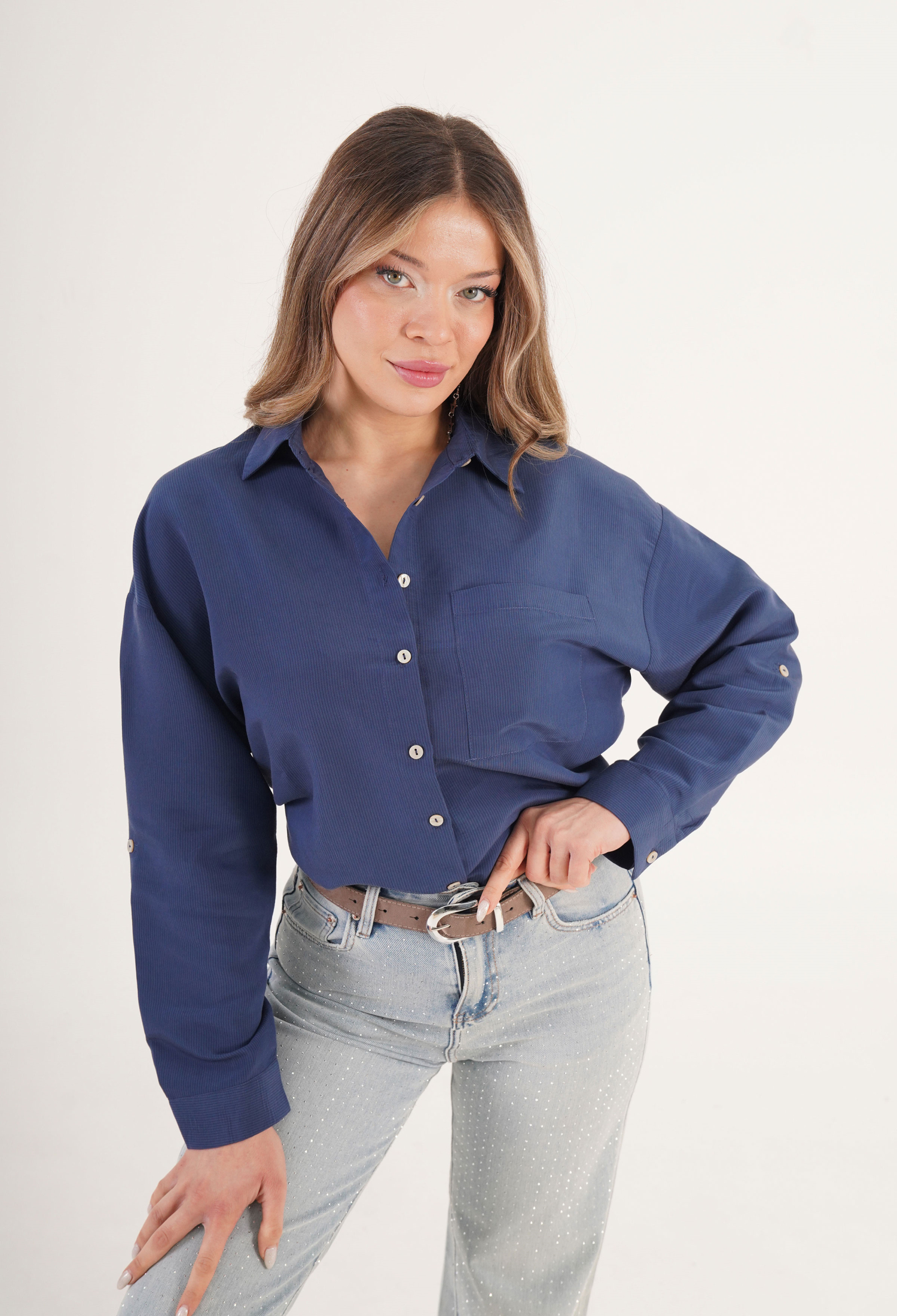 Navy Blue Casual Vintage Formal Shirt - Brand: Lustrin - Women & Kids, Baby Clothes Wholesale - TheBS Women