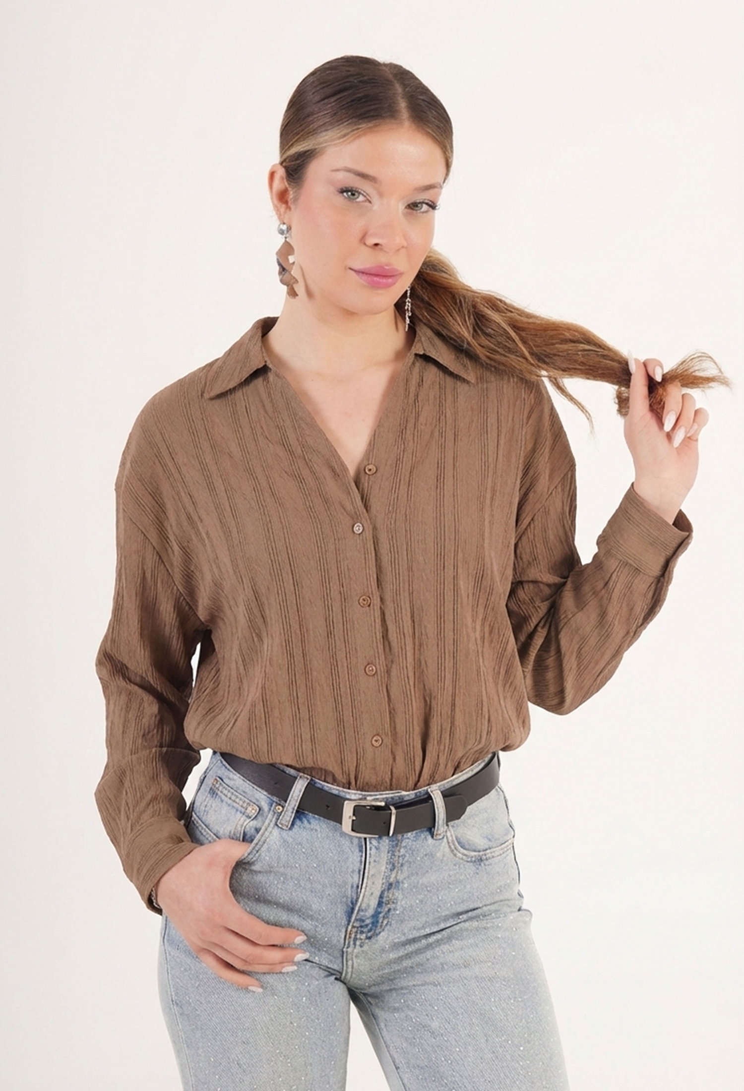 Brown Shirt Casual V-Neck Regular Fit Buttoned - Brand: Lustrin - Women & Kids, Baby Clothes Wholesale - TheBS Women