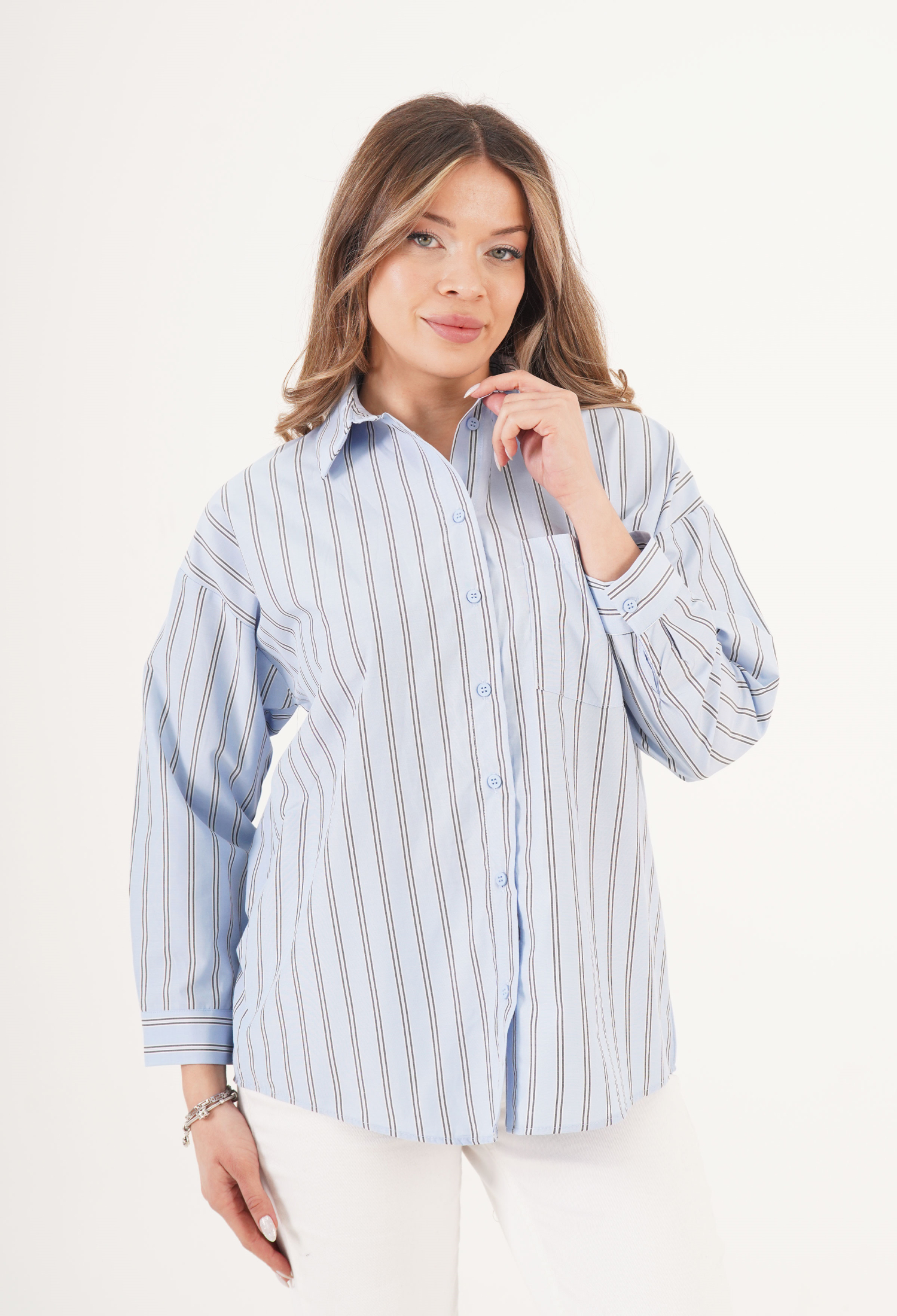 Blue Oversized Fit Striped Polo Neck Shirt - Brand: Lustrin - Women & Kids, Baby Clothes Wholesale - TheBS Women