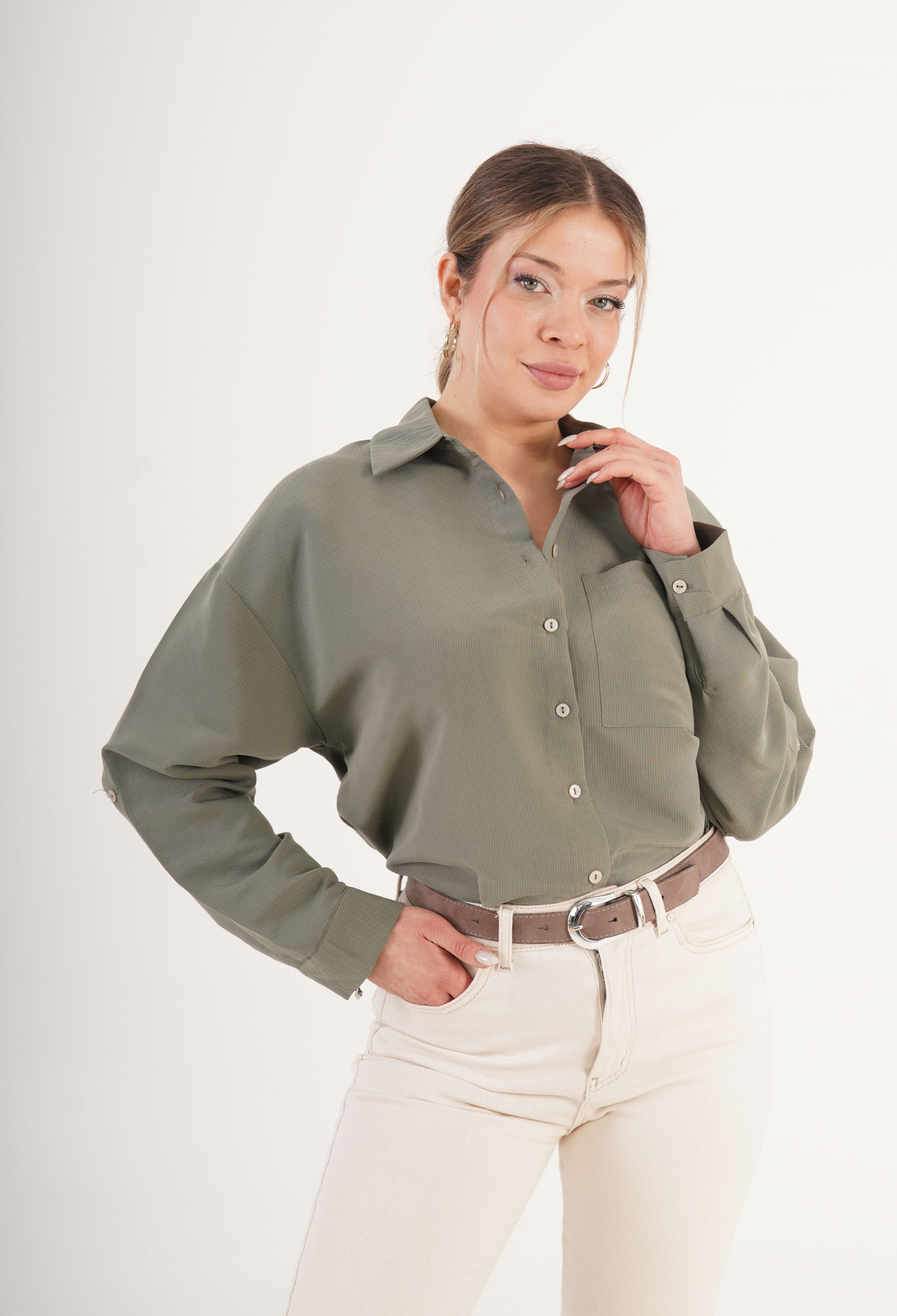 Oversized Fit Buttoned Shirt With Notched Neck - Brand: Lustrin - Women & Kids, Baby Clothes Wholesale - TheBS Women