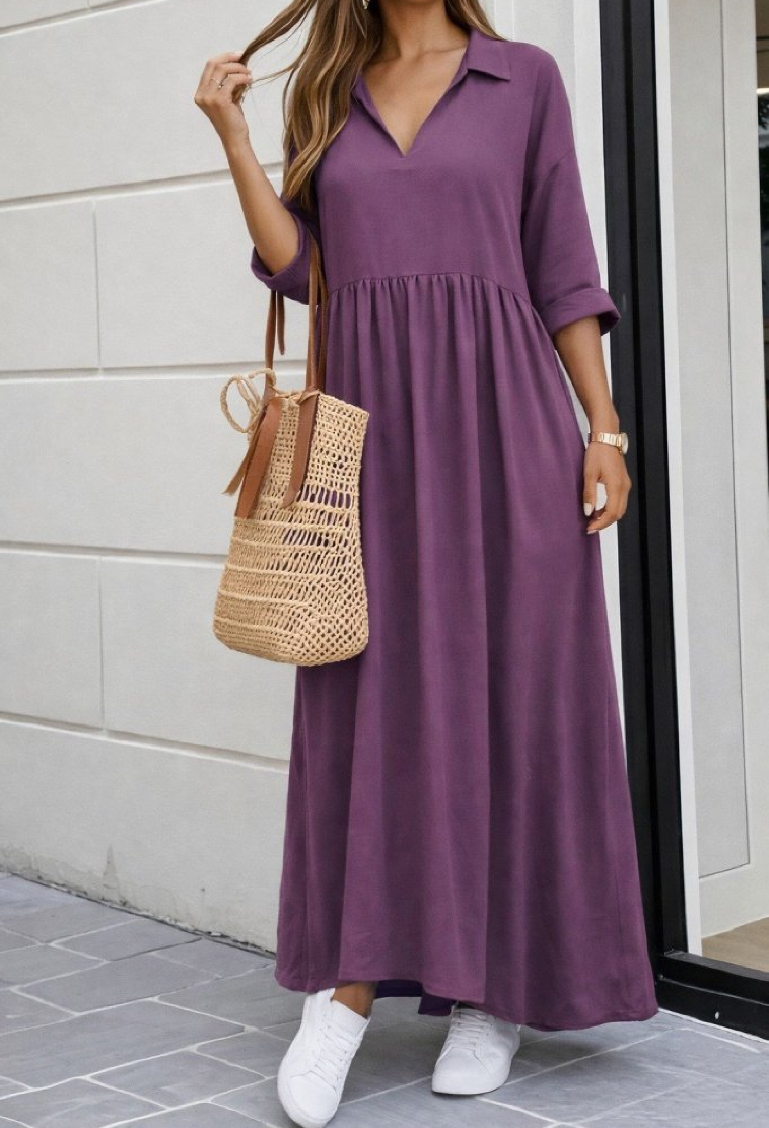 Elegant Smock Dress With Notched Neck & 3/4 Sleeves - Brand: Janes - Women & Kids, Baby Clothes Wholesale - TheBS Women