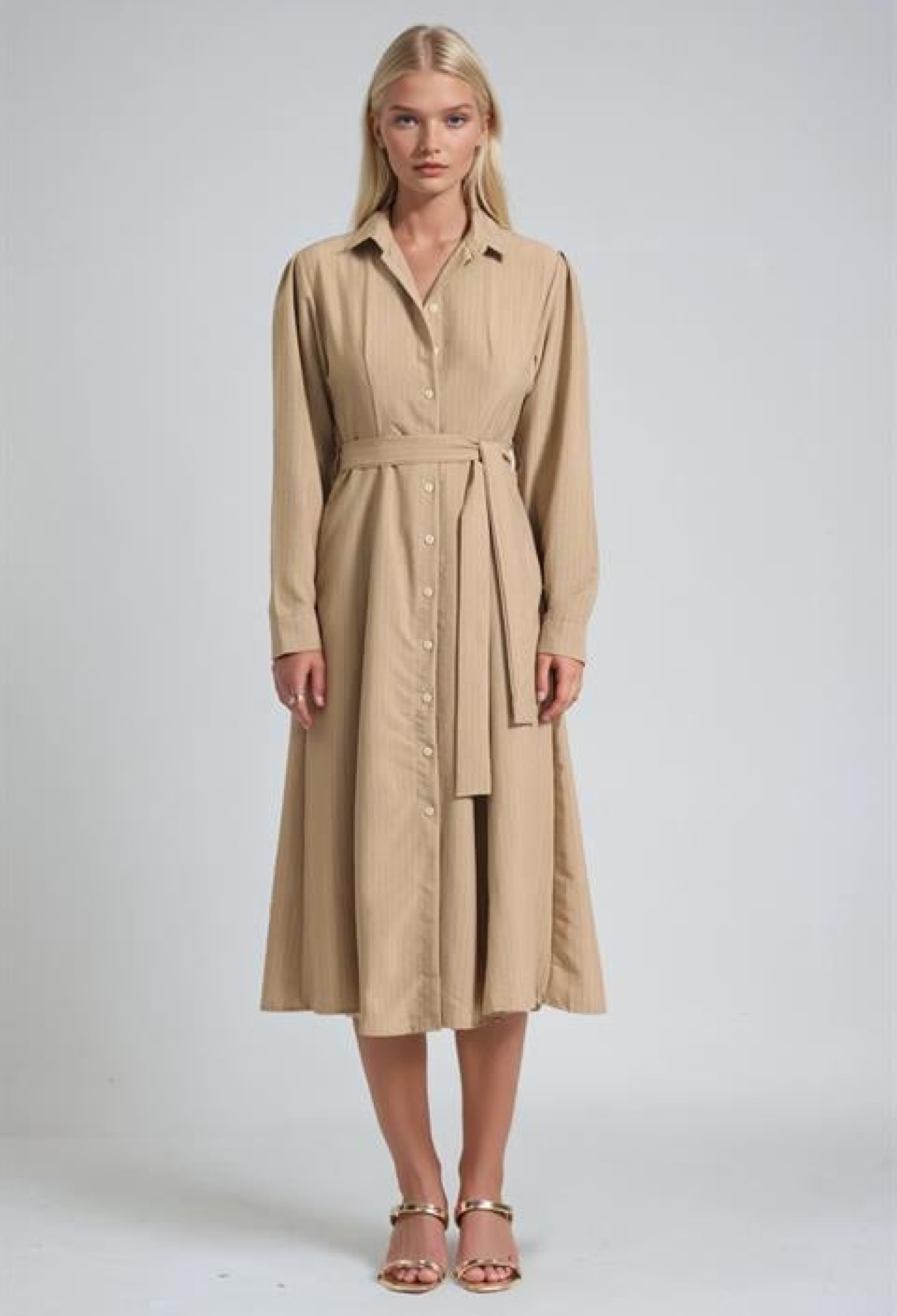 Beige Shirt Dress With Shawl Collar Midi Length - Brand: Sobe Istanbul - Women & Kids, Baby Clothes Wholesale - TheBS Women
