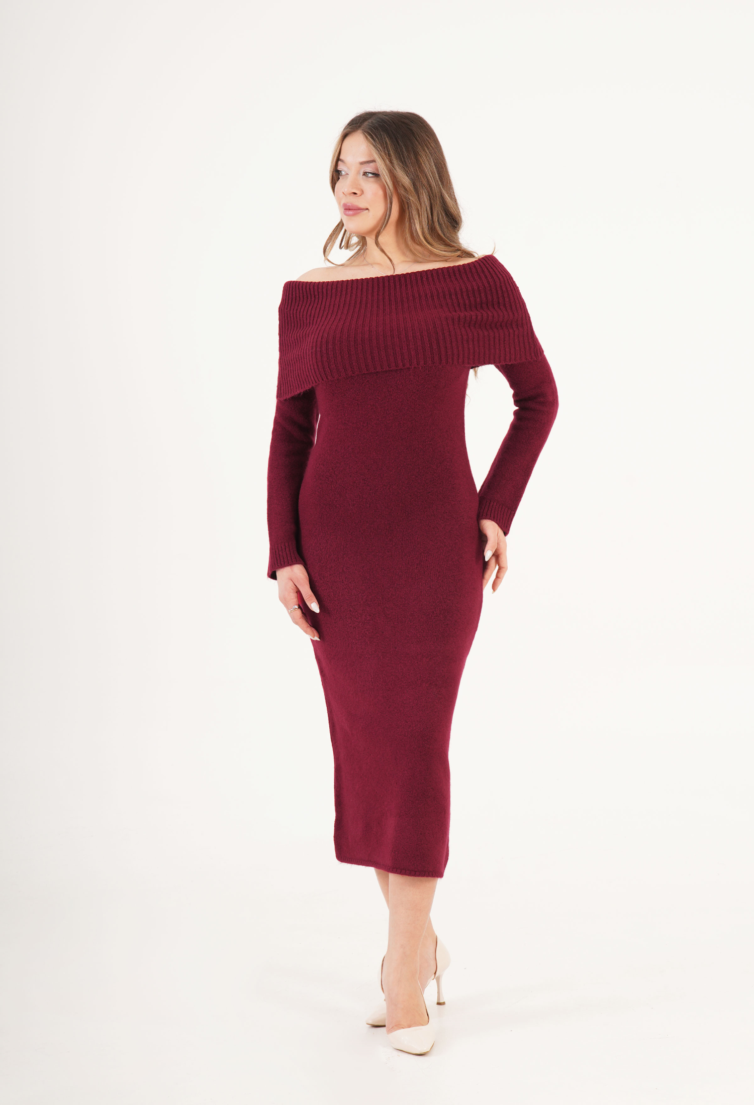 Madonna Collar Wholesale Burgundy Knitwear Dress - Brand: Lustrin - Women & Kids, Baby Clothes Wholesale - TheBS Women