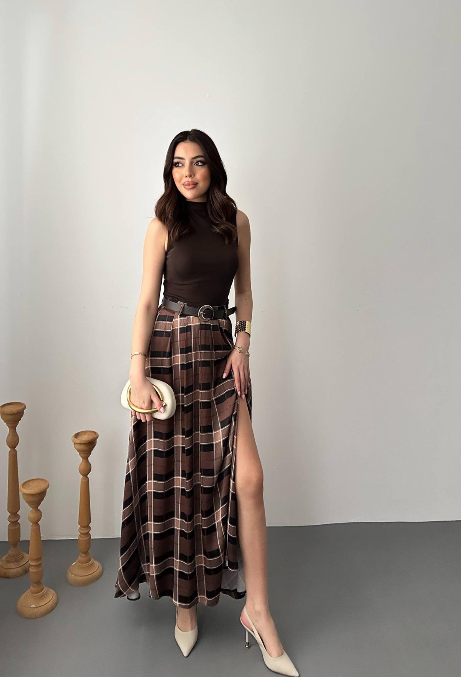 Brown Checkered Flared Maxi Skirt High Waist Zip Up - Brand: Elisa - Women & Kids, Baby Clothes Wholesale - TheBS Women