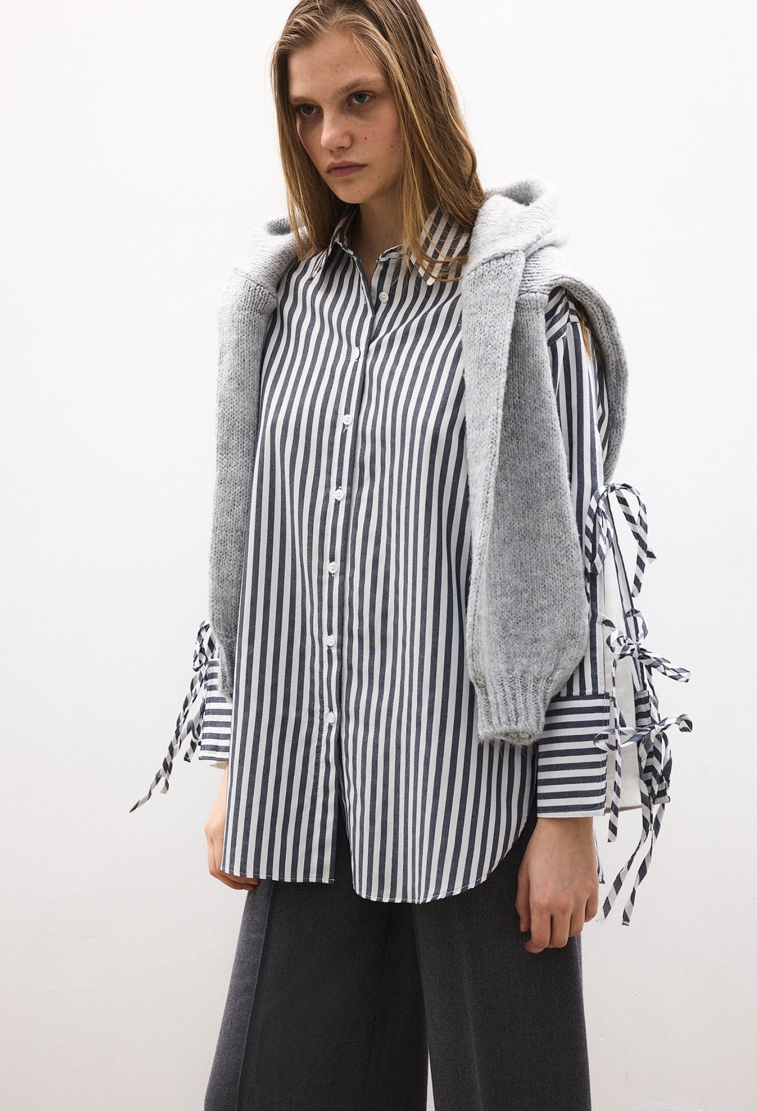 White Striped Long Sleeve Shirt With Shawl Collar - Brand: Touche Prive - Women & Kids, Baby Clothes Wholesale - TheBS Women