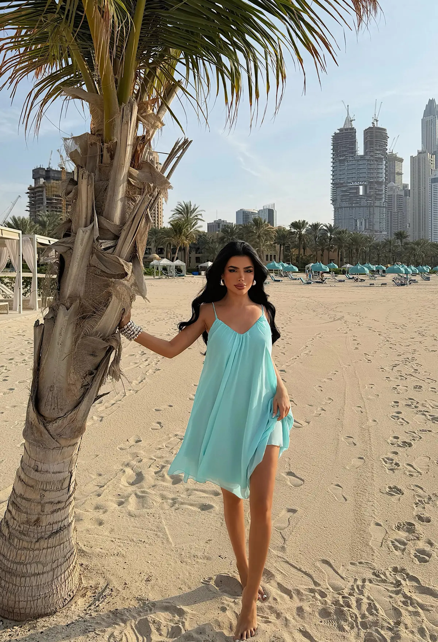 Blue Slip Dress With V-Neck And Cap Sleeves - Brand: EYYO ATELIER - Women & Kids, Baby Clothes Wholesale - TheBS Women