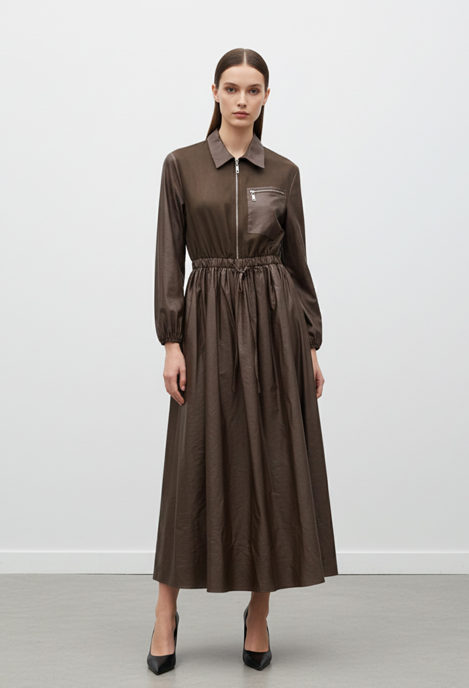 Elegant Brown Midi Shirt Dress With Notched Neck - Brand: Puane - Women & Kids, Baby Clothes Wholesale - TheBS Women