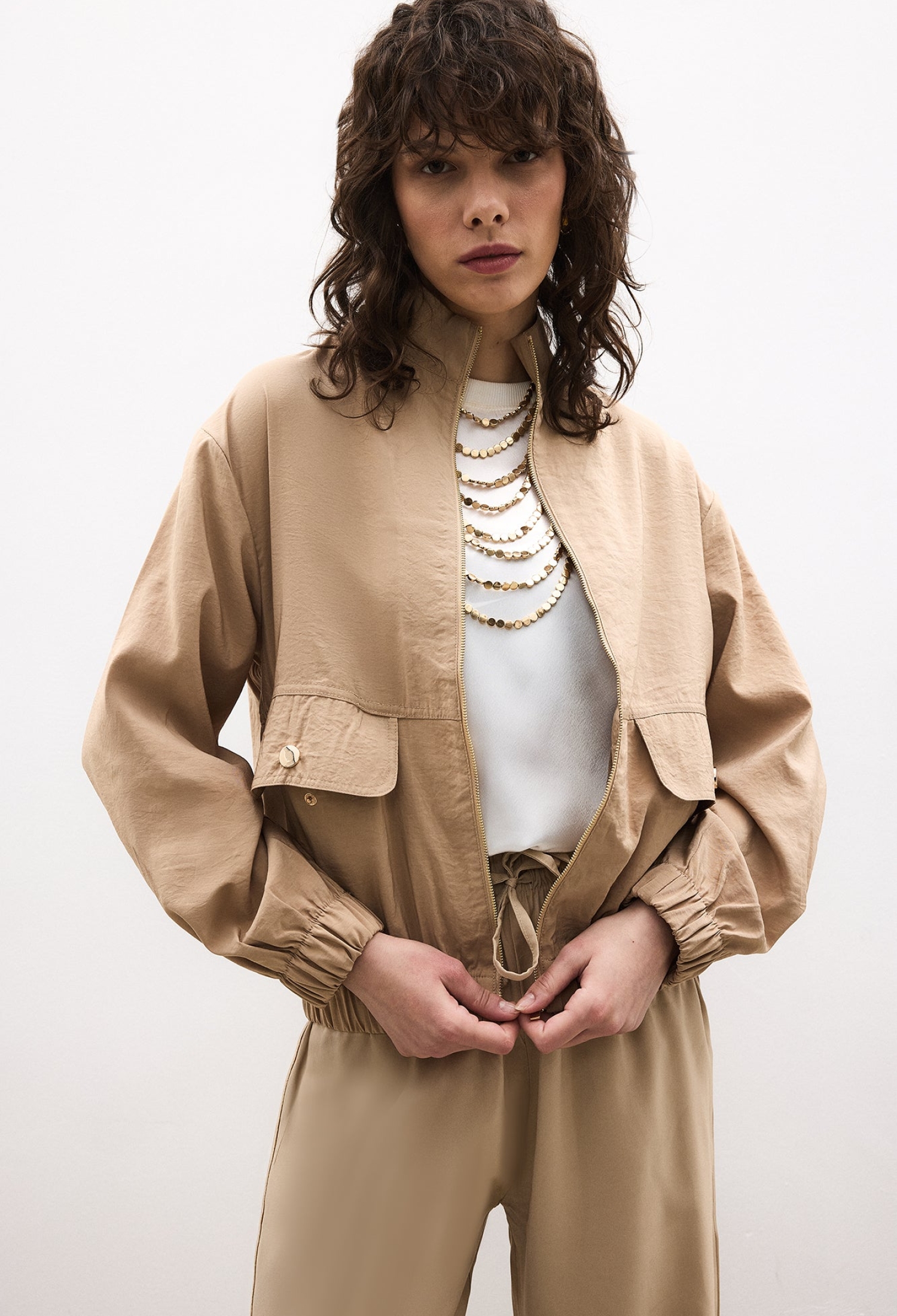 Beige Casual Oversized Windbreaker Jacket - Brand: Touche Prive - Women & Kids, Baby Clothes Wholesale - TheBS Women