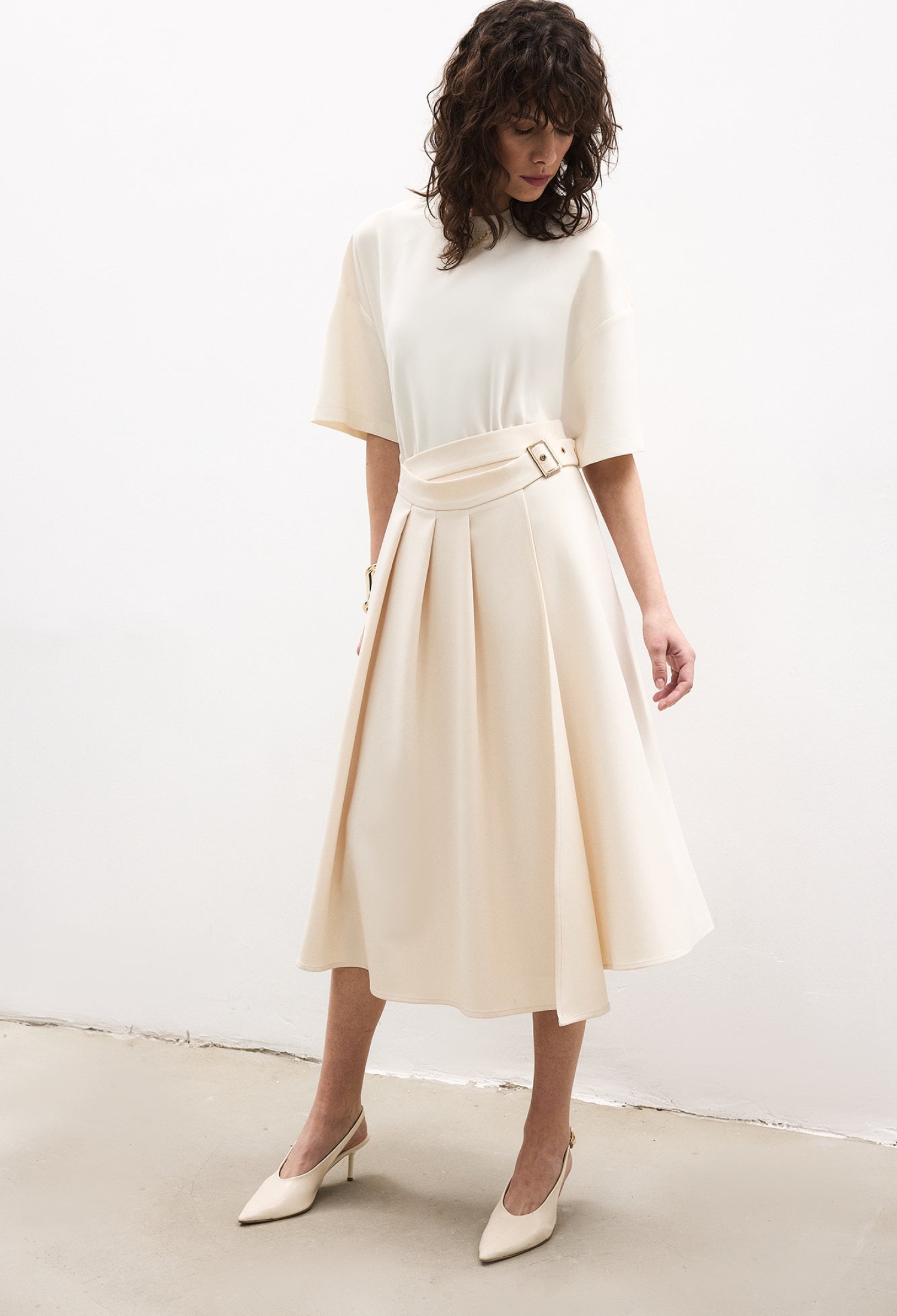 Beige Elegant A-Line Midi Skirt High Waist - Brand: Touche Prive - Women & Kids, Baby Clothes Wholesale - TheBS Women