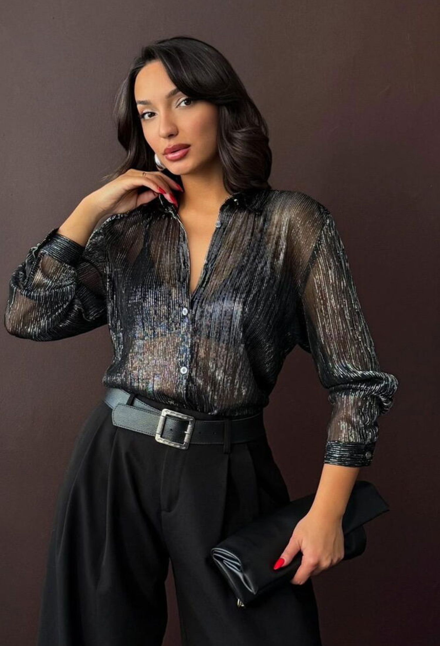 Black Glamorous Elegant Formal Sexy Striped Shirt With Buttoned Closure  Regular Straight Sleeves  V-Neckline And Regular Length - Brand: Topshow - Women & Kids, Baby Clothes Wholesale - TheBS Women