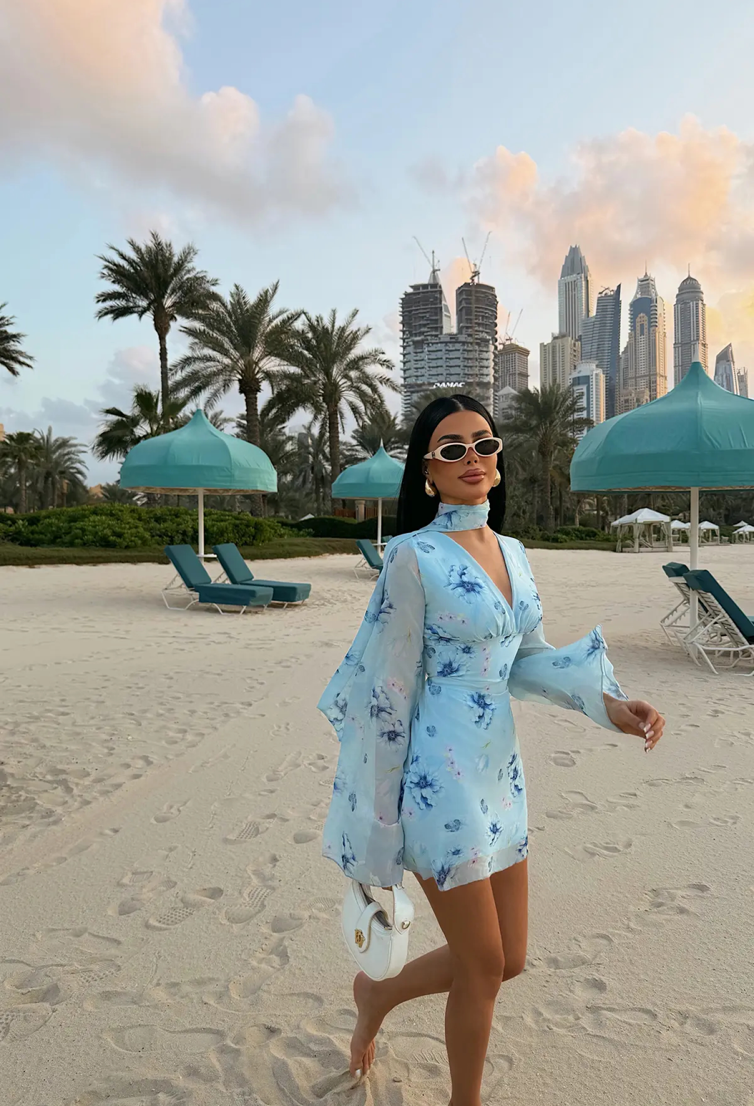 Blue Floral Bodycon Mini Dress With Bell Sleeves - Brand: EYYO ATELIER - Women & Kids, Baby Clothes Wholesale - TheBS Women