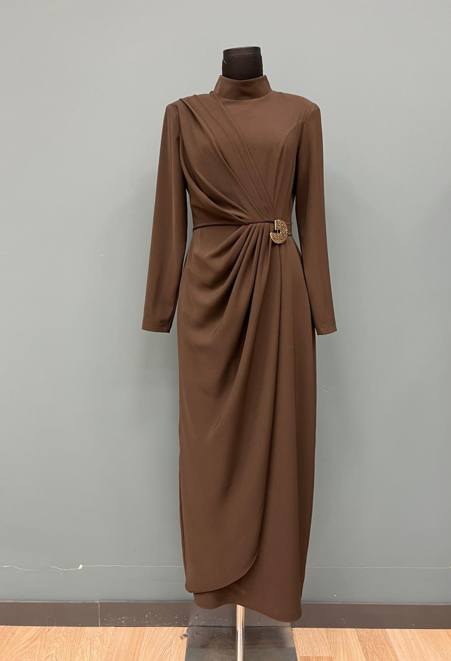 Elegant Brown Modest Sheath Dress - High Neck Midi - Brand: Puane - Women & Kids, Baby Clothes Wholesale - TheBS Women