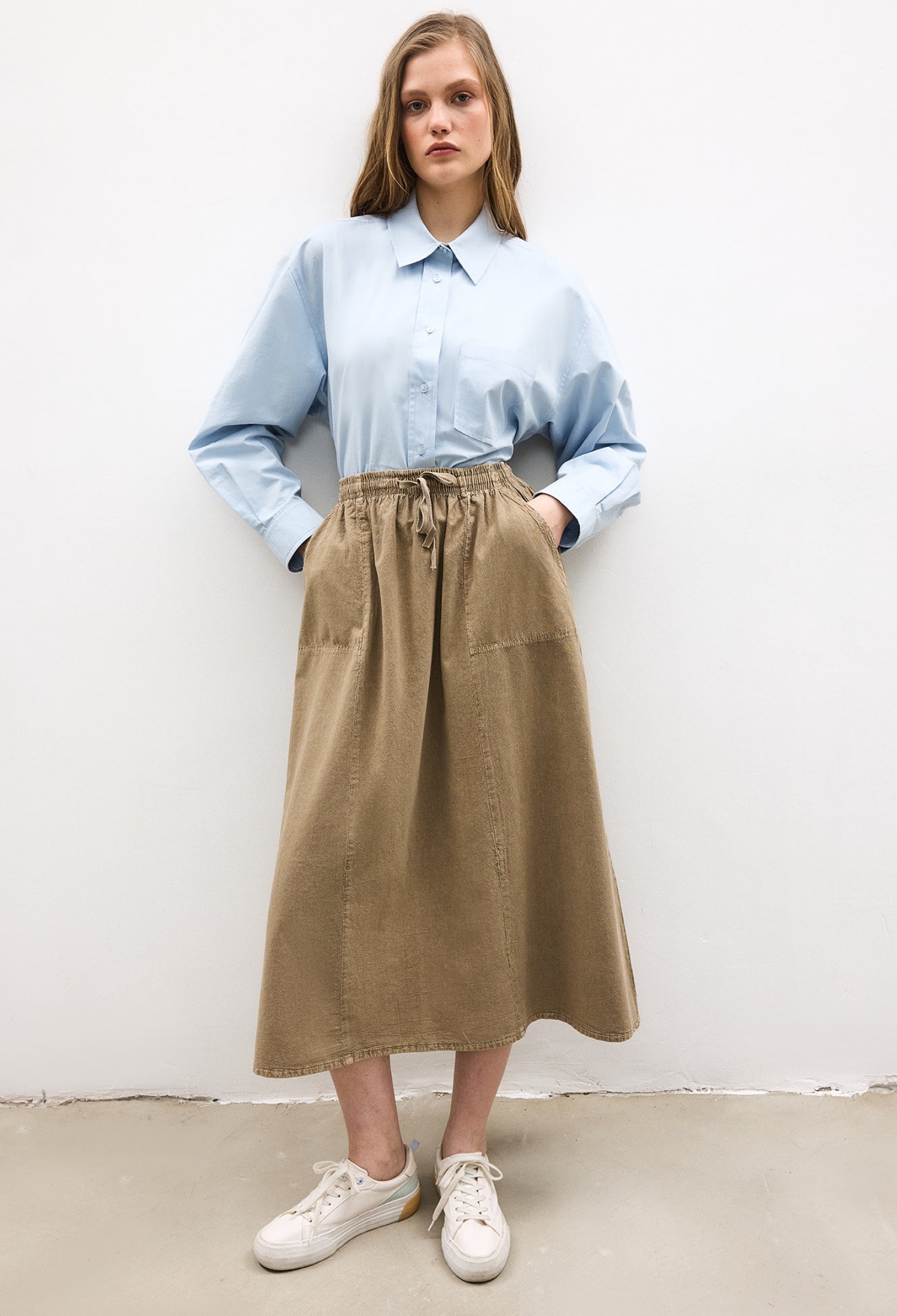 Khaki Casual Modest Flared Midi Skirt With Pockets - Brand: Touche Prive - Women & Kids, Baby Clothes Wholesale - TheBS Women