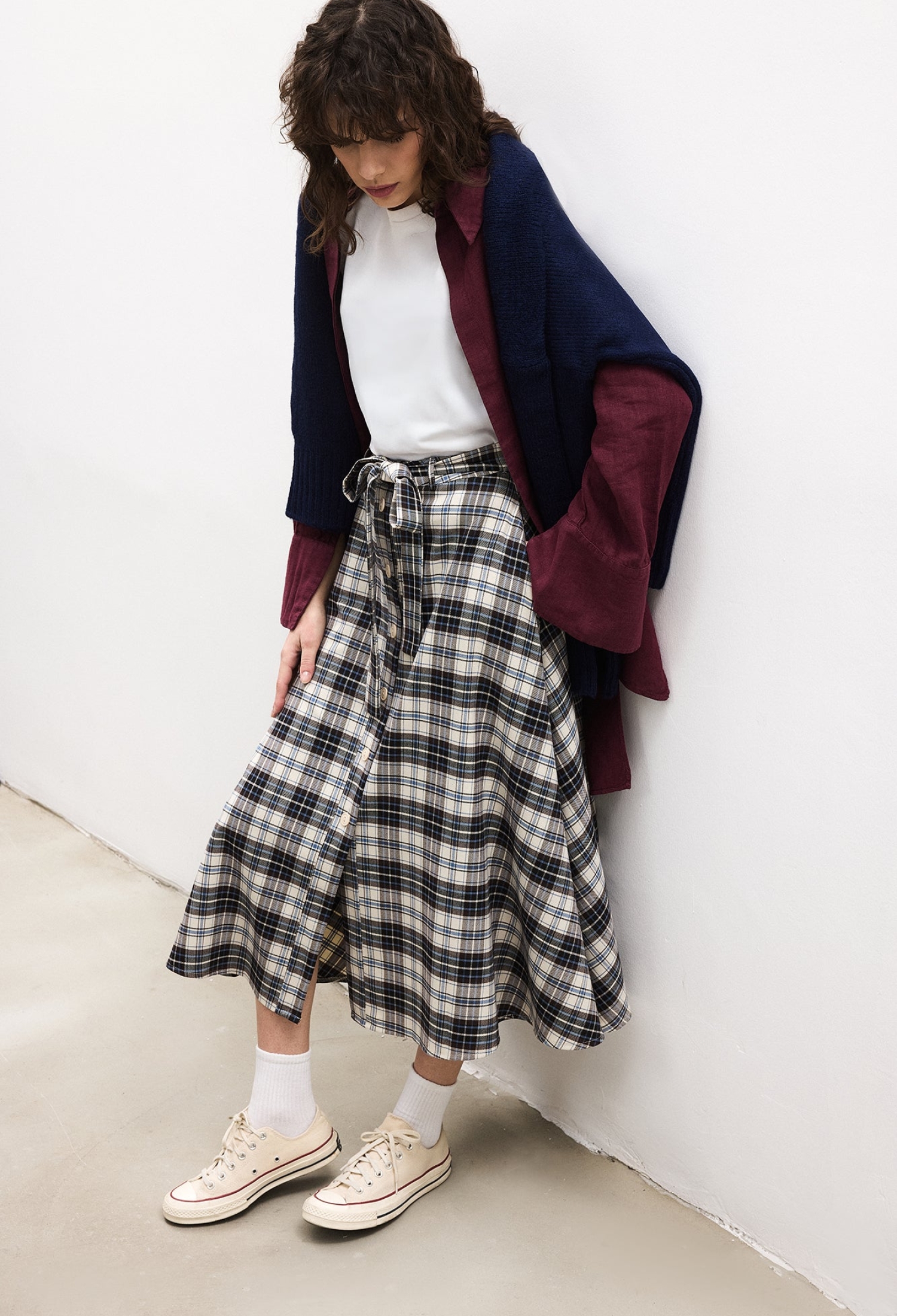 Beige Plaid A-Line Midi Skirt With Slant Pocket - Brand: Touche Prive - Women & Kids, Baby Clothes Wholesale - TheBS Women