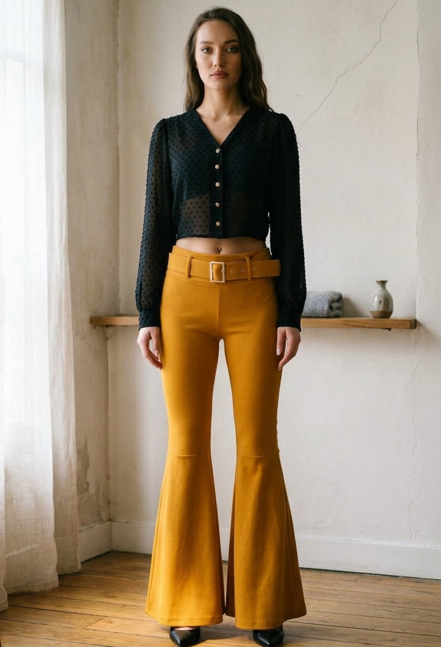 Sense Saffron Fabric Coated Belt Below Knee Flounce Pique Trousers