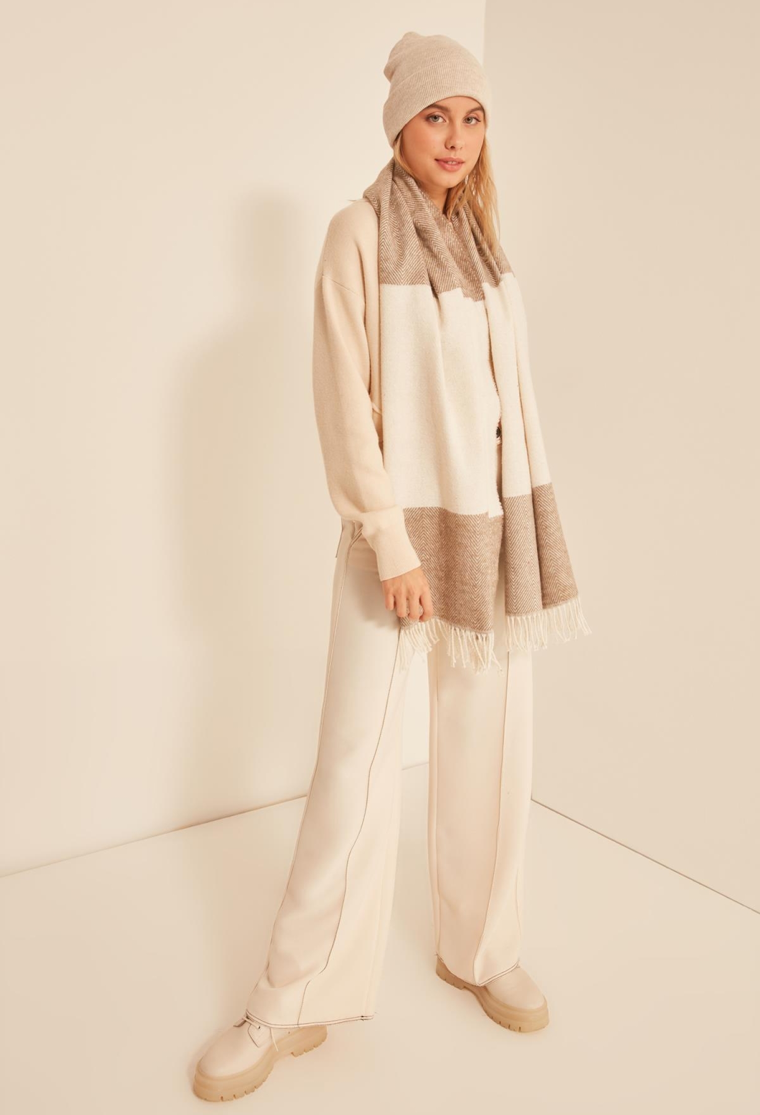 Soft Textured Herringbone Patterned -ecru Thick Shoulder Shawl Scarf - Brand: Axesoire - Women & Kids, Baby Clothes Wholesale - TheBS Women