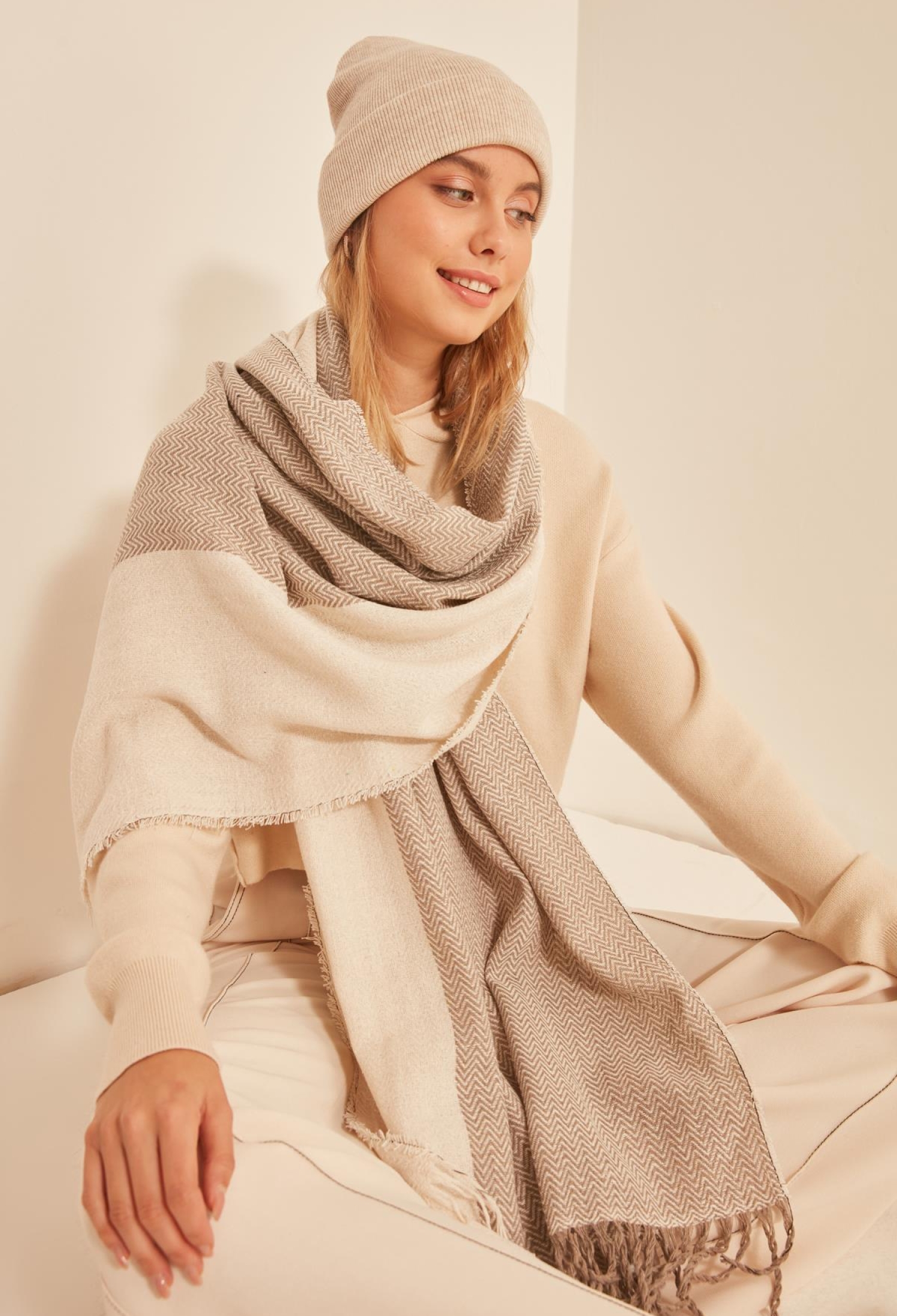 Soft Textured Herringbone Patterned - Mink Thick Shawl - Ecru - Brand: Axesoire - Women & Kids, Baby Clothes Wholesale - TheBS Women