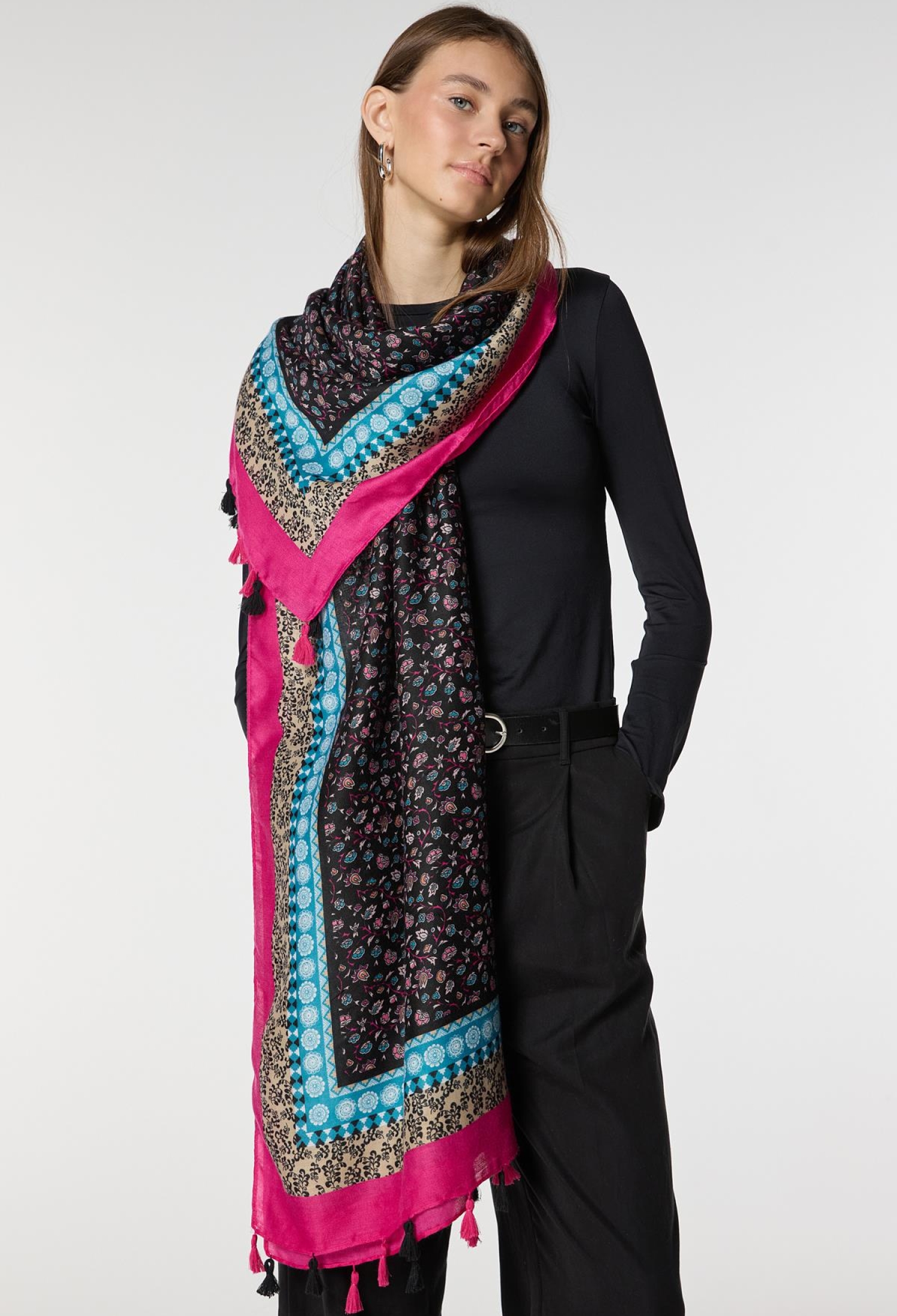 Ethnic Patterned  Gilded And Tasseled Shawl - Pink - Brand: Axesoire - Women & Kids, Baby Clothes Wholesale - TheBS Women