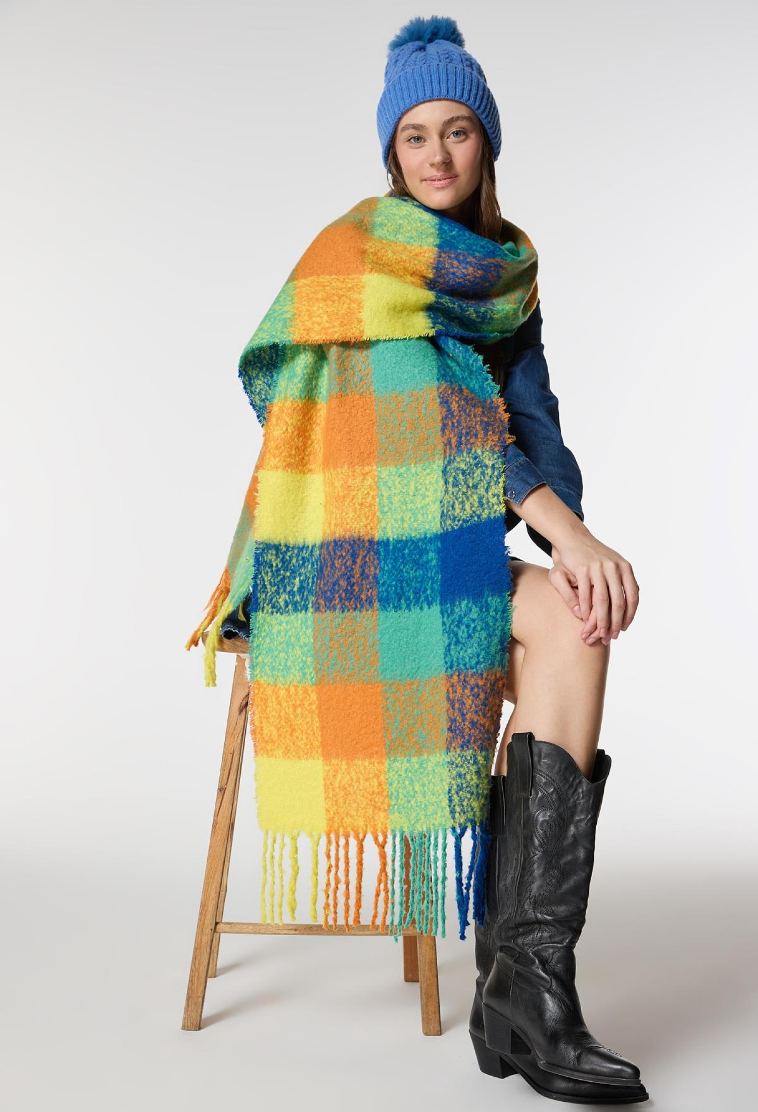 Square Patterned Colorful Boucle Shawl - Brand: Axesoire - Women & Kids, Baby Clothes Wholesale - TheBS Women