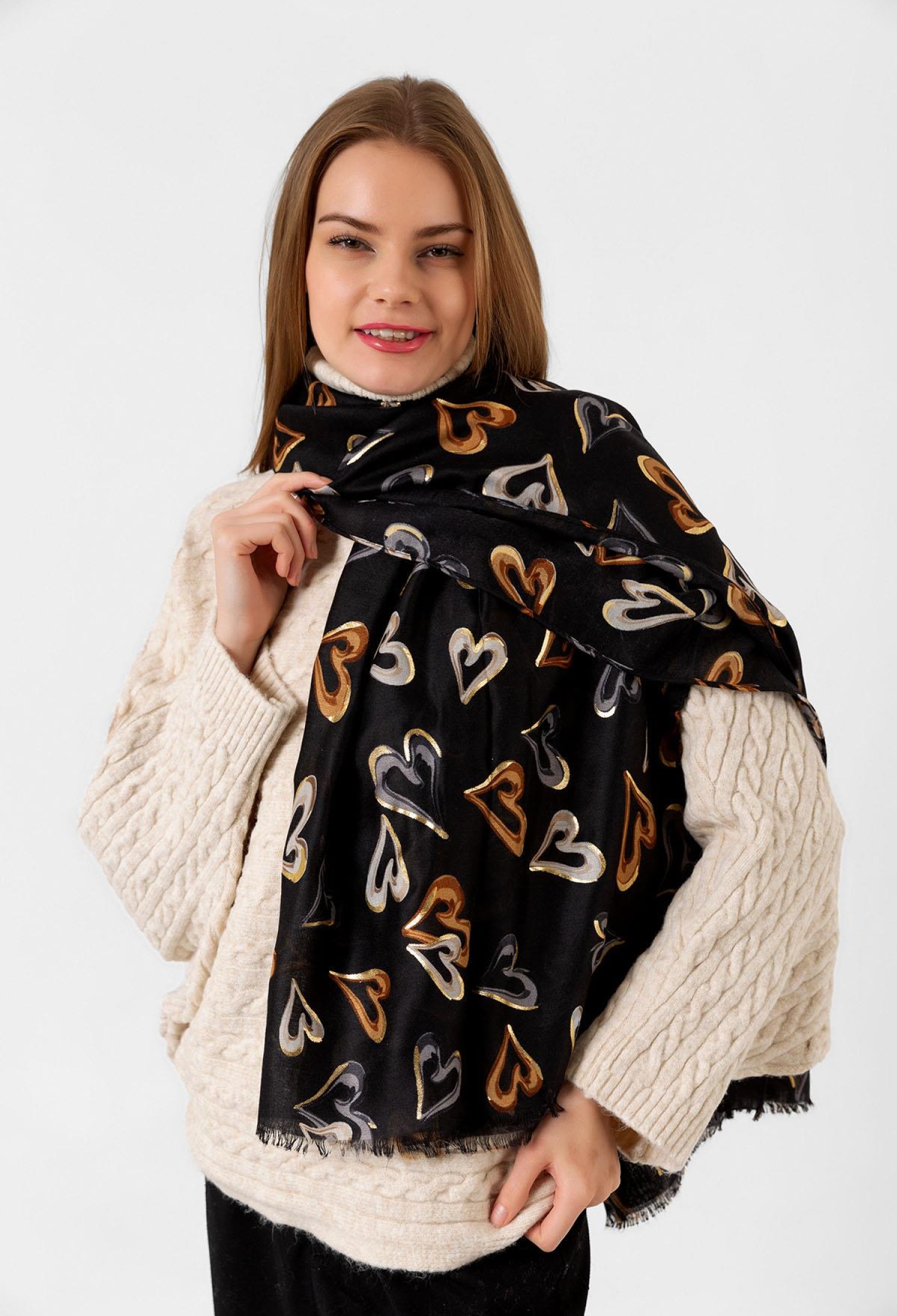 Heart Patterned  Gilded And Tasseled Shawl - Black - Brand: Axesoire - Women & Kids, Baby Clothes Wholesale - TheBS Women