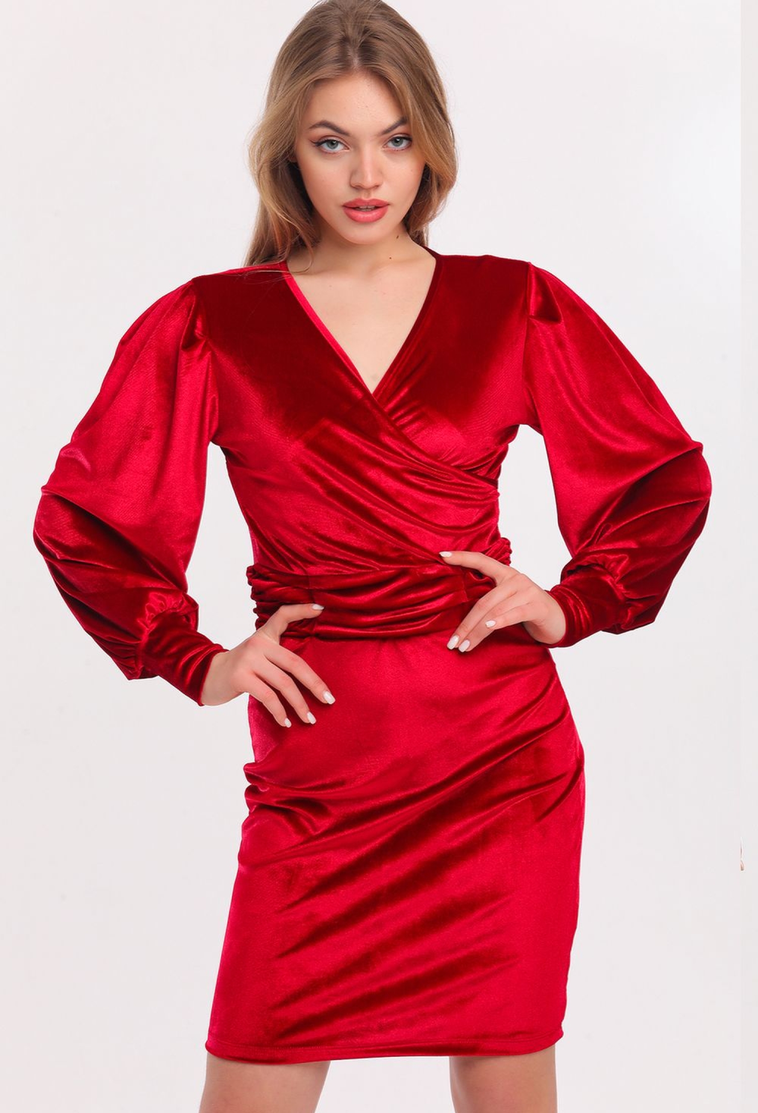 Burgundy Double Breasted Gathered Balloon Sleeve Velvet Evening Dress - Brand: SENSE - Women & Kids, Baby Clothes Wholesale - TheBS Women