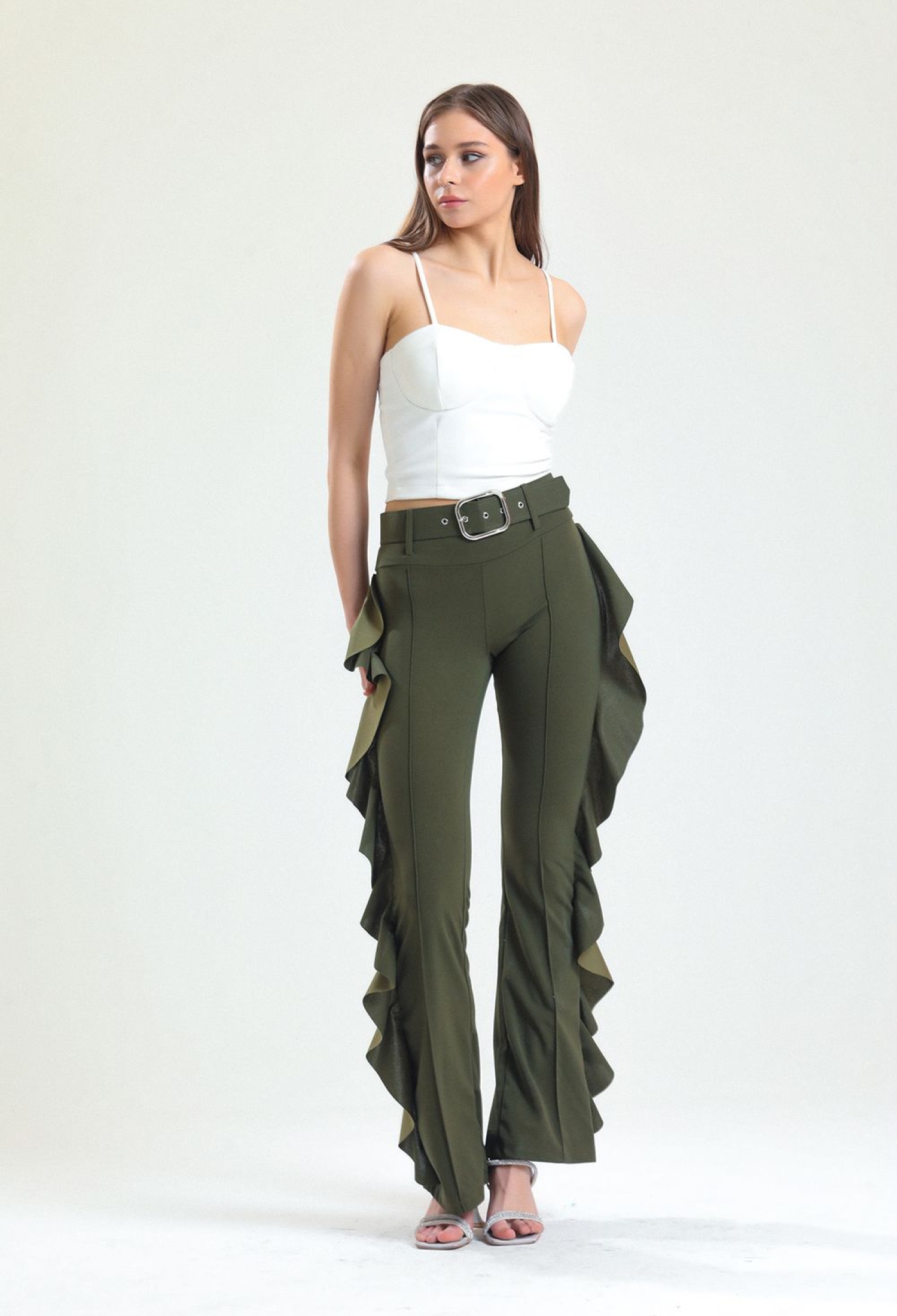 Yellow Buckle Belt Side Flounce Scuba Crepe Trousers_Pnt32717 - Brand: SENSE - Women & Kids, Baby Clothes Wholesale - TheBS Women