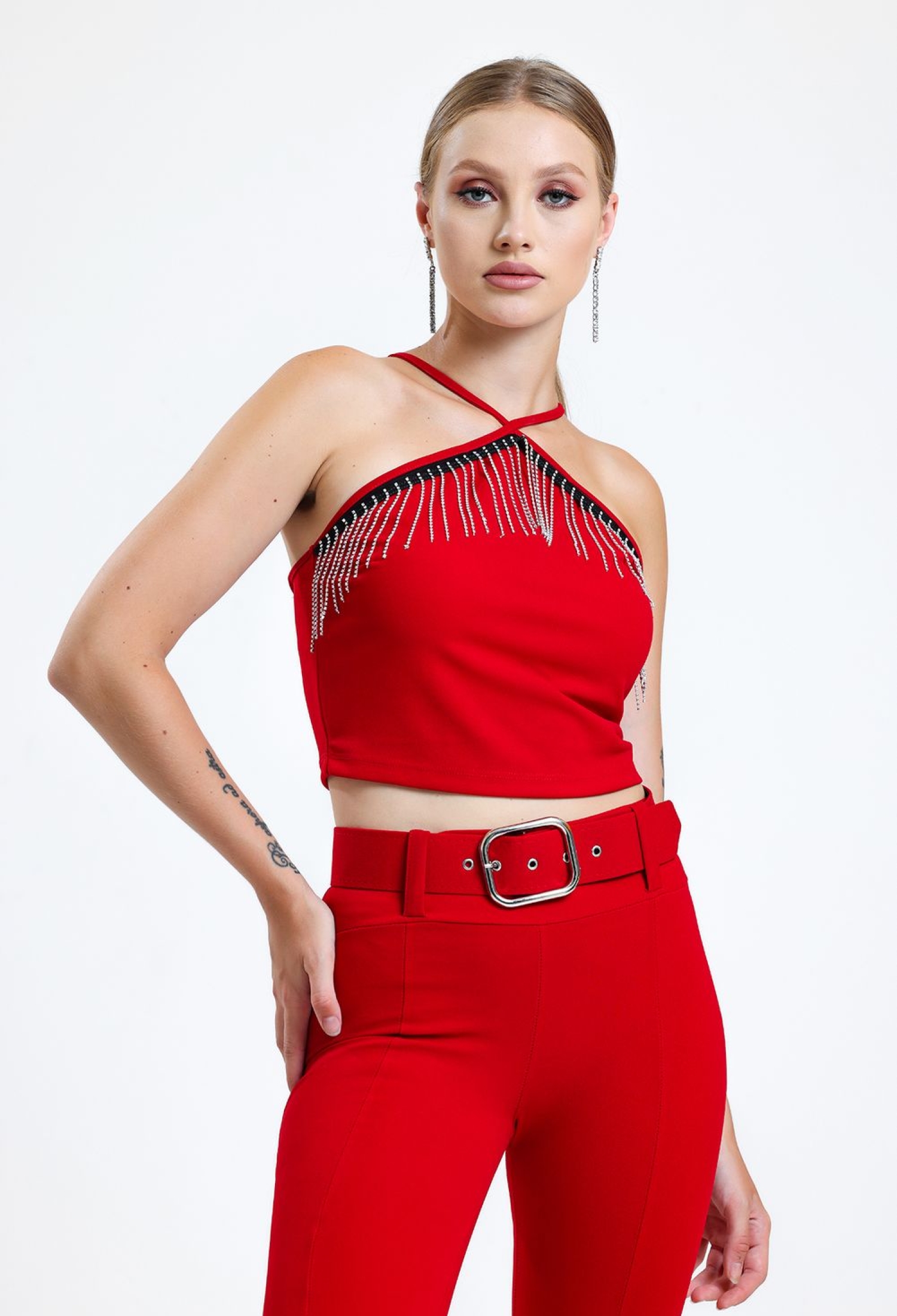 Chest Stone Chain Striped Scuba Crepe Blouse - Brand: SENSE - Women & Kids, Baby Clothes Wholesale - TheBS Women