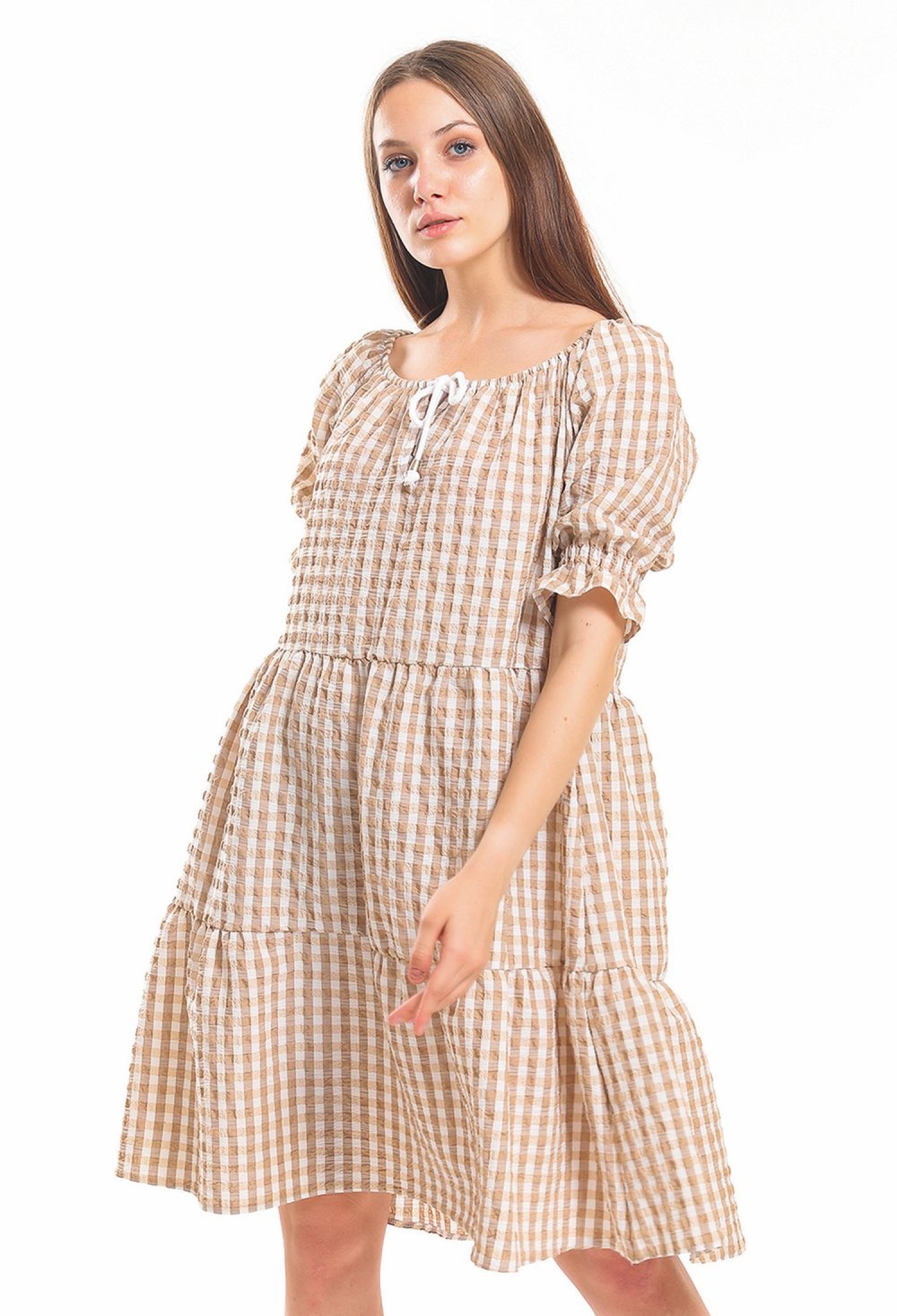 Gimped Gathered Raglan Collar Seersucker Dress - Brand: SENSE - Women & Kids, Baby Clothes Wholesale - TheBS Women