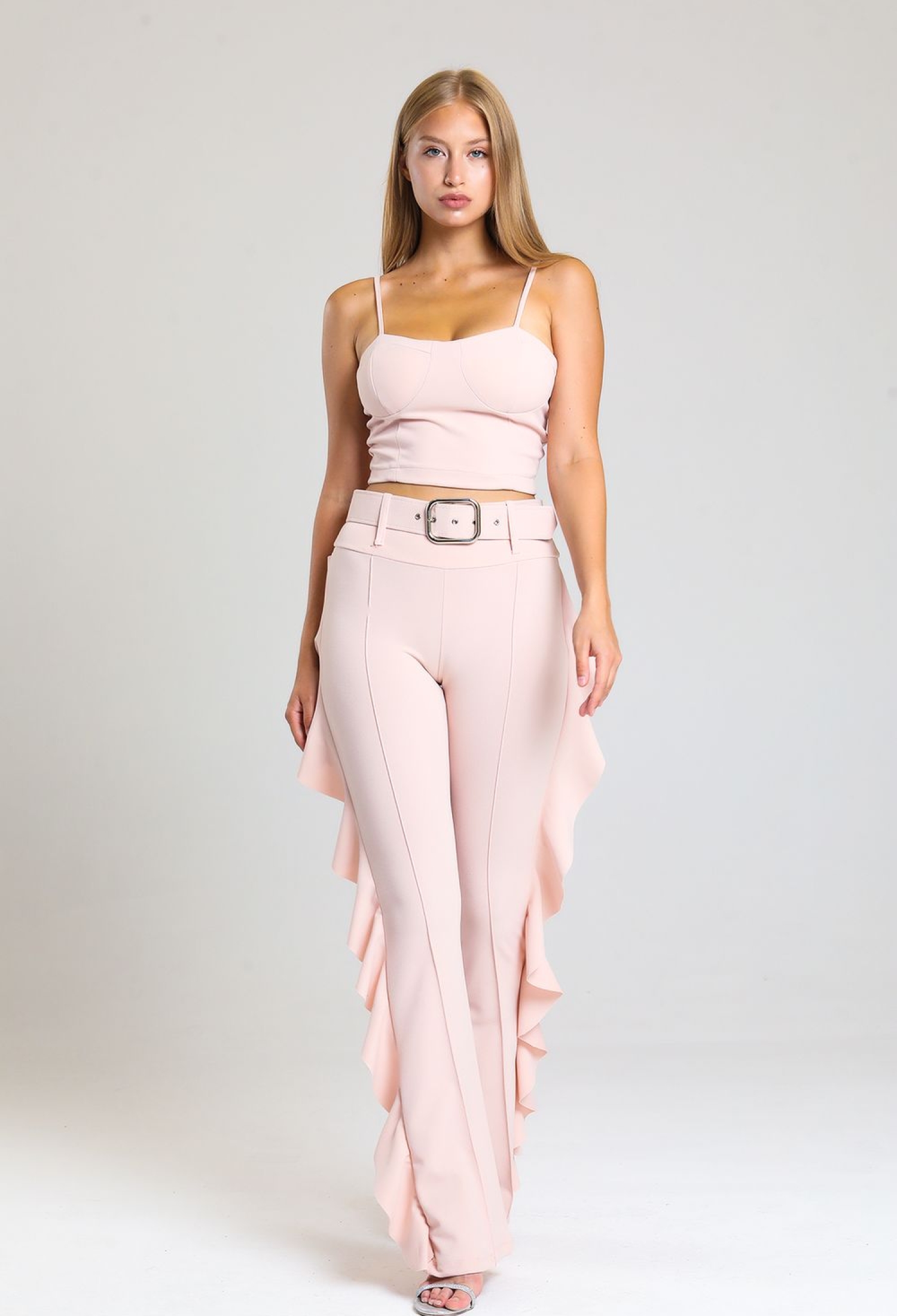 Powder Yellow Buckle Belt Side Flounce Scuba Crepe Trousers_Pnt32717 - Brand: SENSE - Women & Kids, Baby Clothes Wholesale - TheBS Women