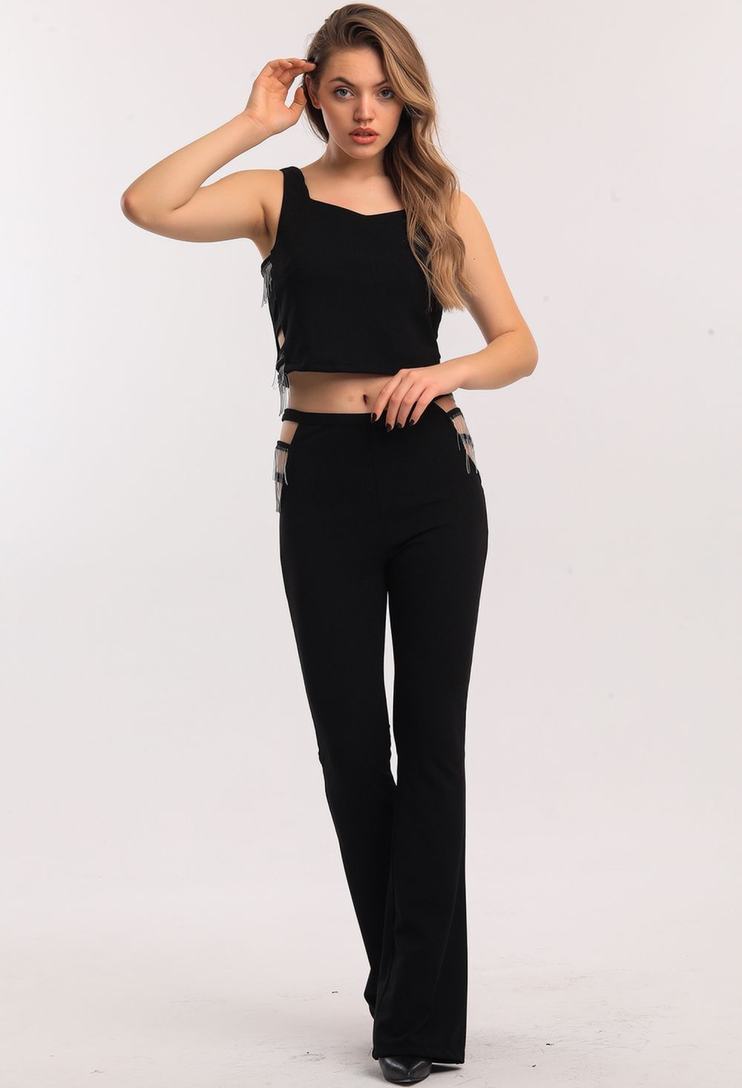 Black Scuba Crepe Trousers With Side Windows And Chain Detail - Brand: SENSE - Women & Kids, Baby Clothes Wholesale - TheBS Women