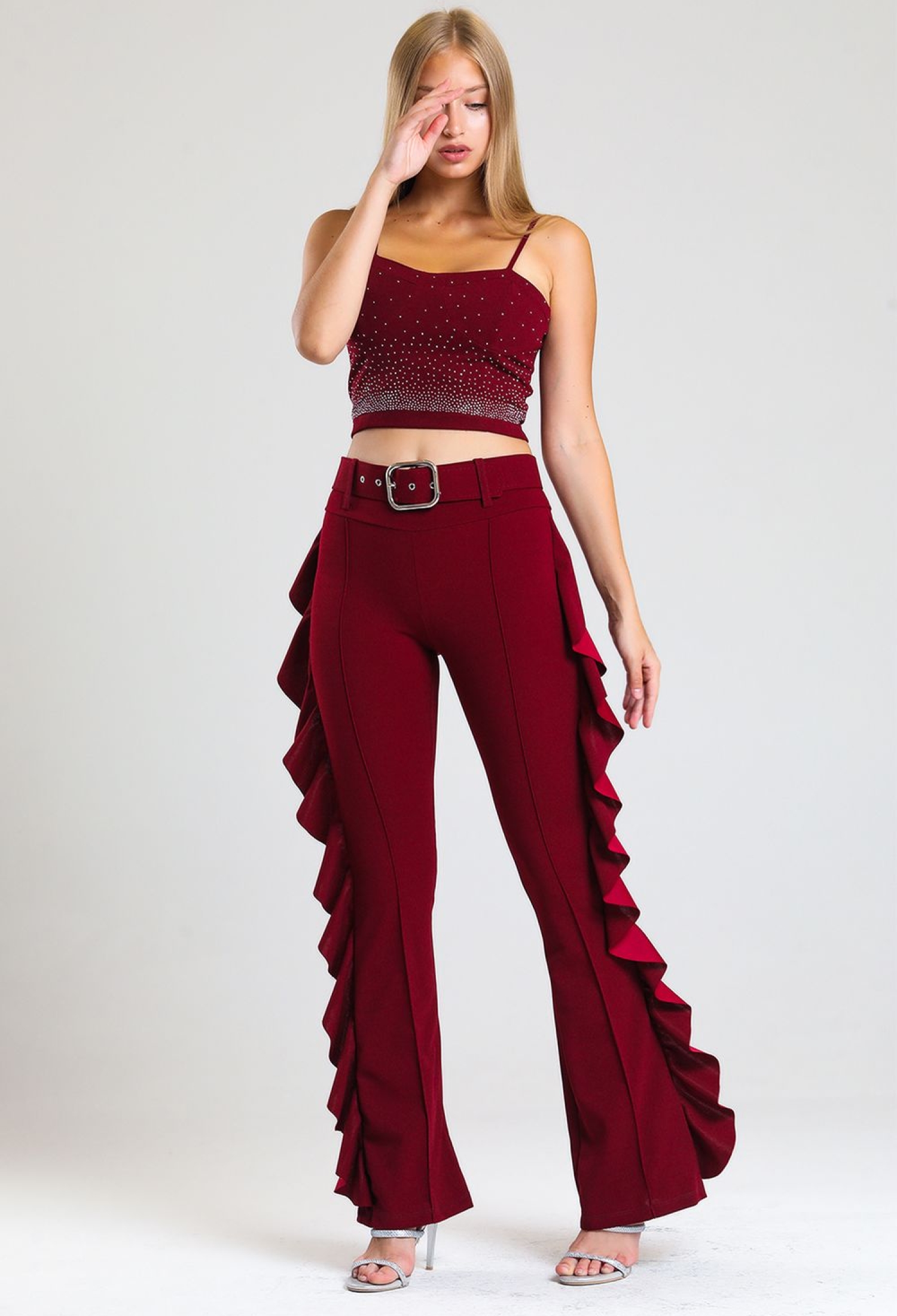 Burgundy Yellow Buckle Belt Side Flounce Scuba Crepe Trousers_Pnt32717 - Brand: SENSE - Women & Kids, Baby Clothes Wholesale - TheBS Women