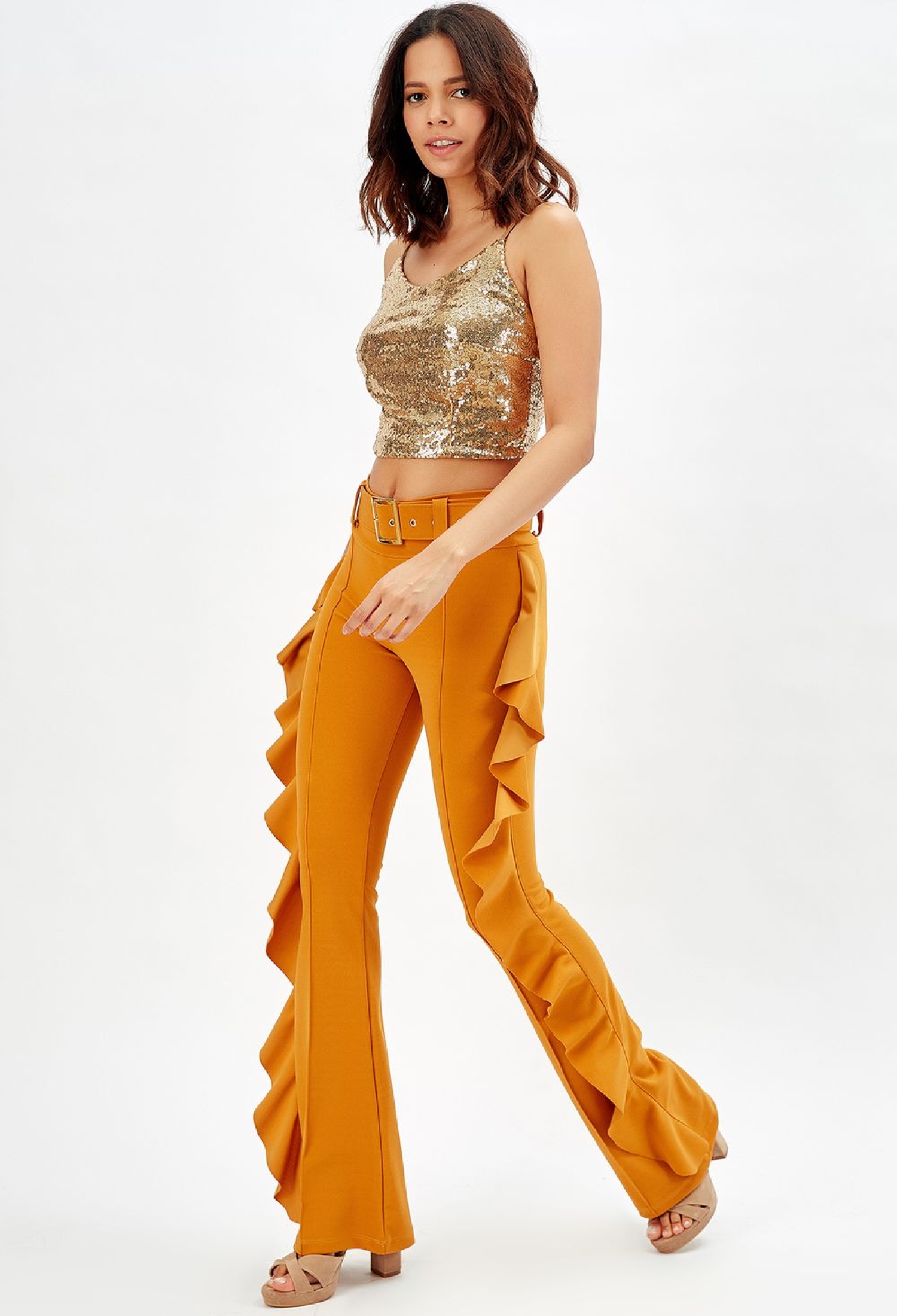 SaffronBuckle Belt Side Flounce Scuba Crepe Trousers_Pnt32717 - Brand: SENSE - Women & Kids, Baby Clothes Wholesale - TheBS Women