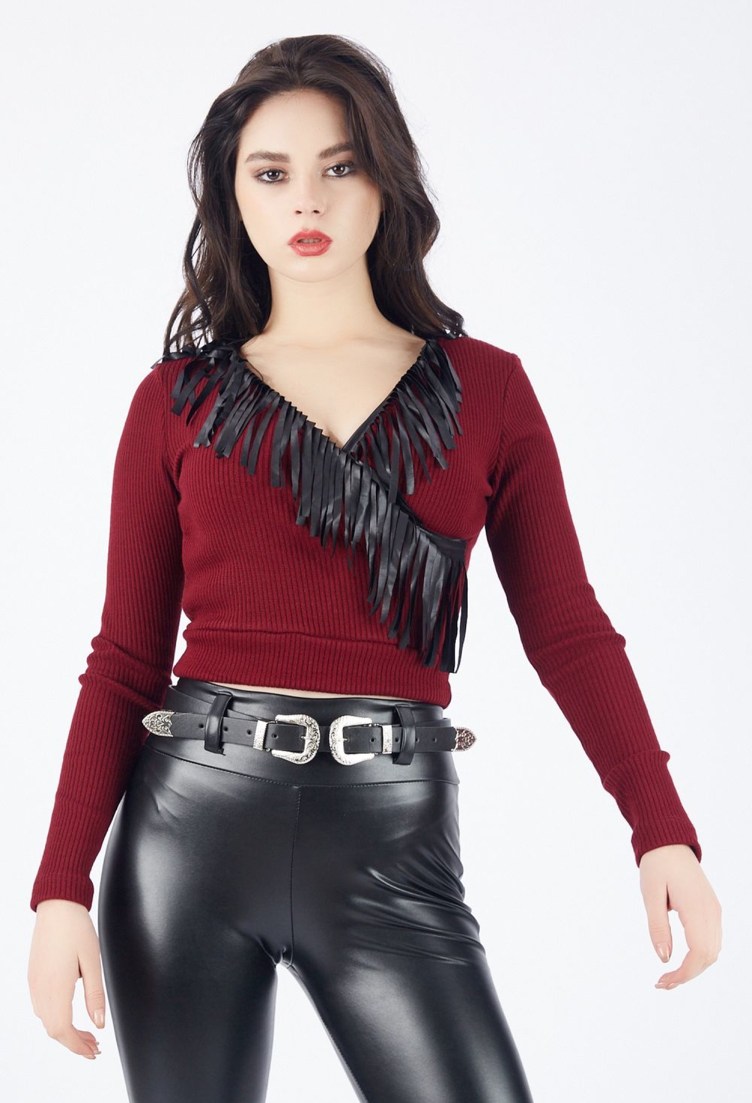 Long Sleeve Crisscross Collar 2X2 Ribbed Blouse - Brand: SENSE - Women & Kids, Baby Clothes Wholesale - TheBS Women