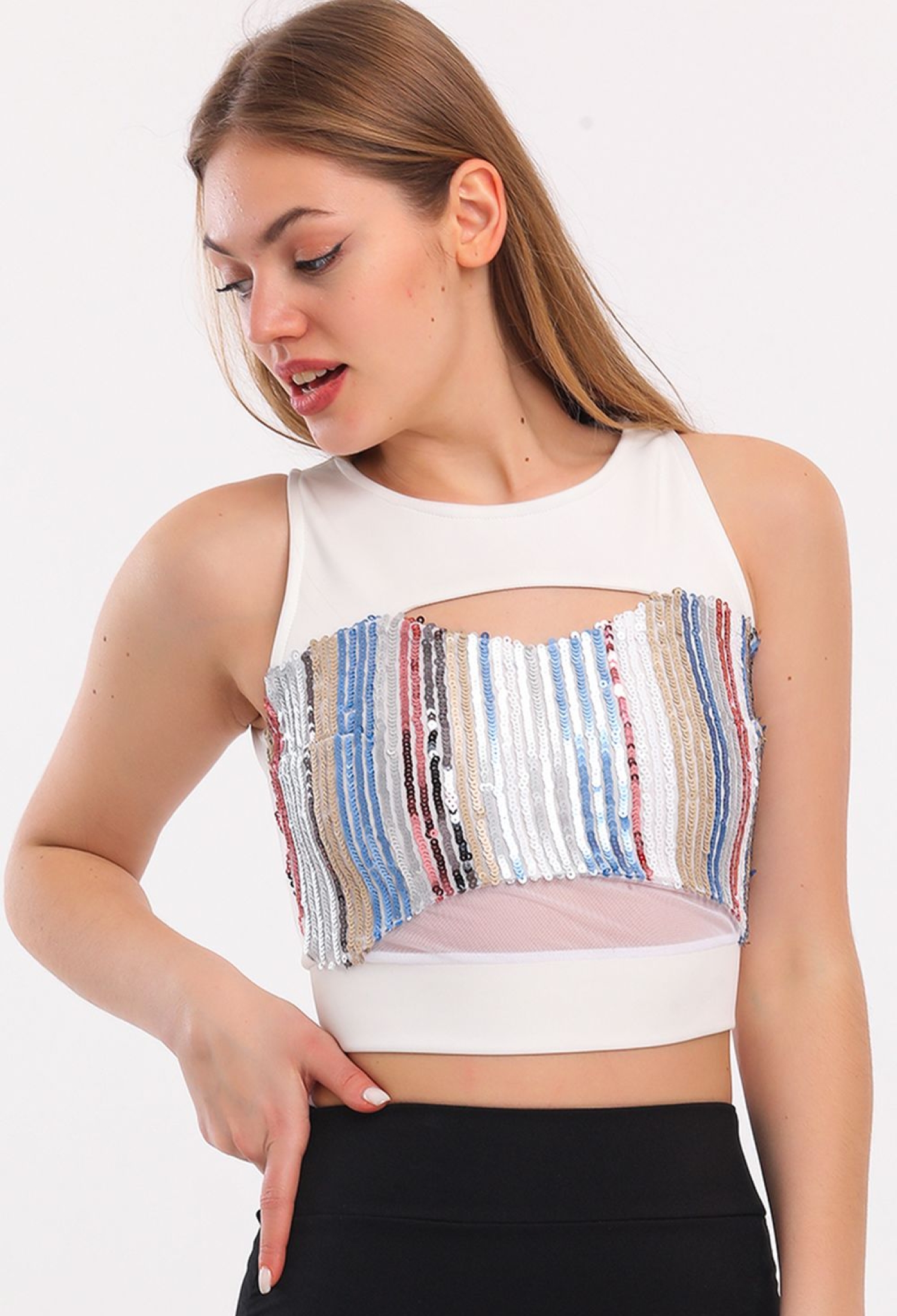 Zippered Front Sequined Crop Top - Brand: SENSE - Women & Kids, Baby Clothes Wholesale - TheBS Women