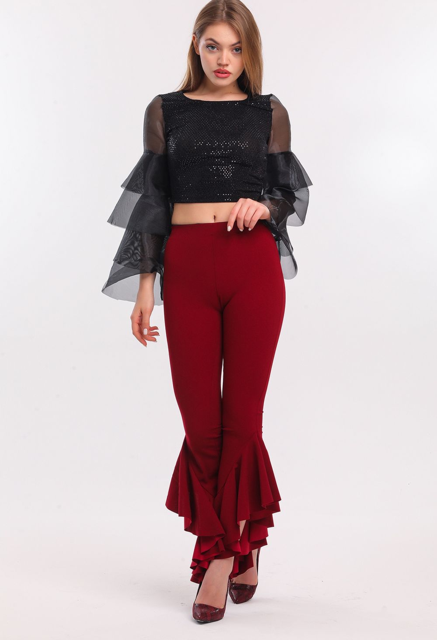 Spanish Pasha Ruffled Waist Elastic Waist Knitted Fabric Trousers - Brand: SENSE - Women & Kids, Baby Clothes Wholesale - TheBS Women