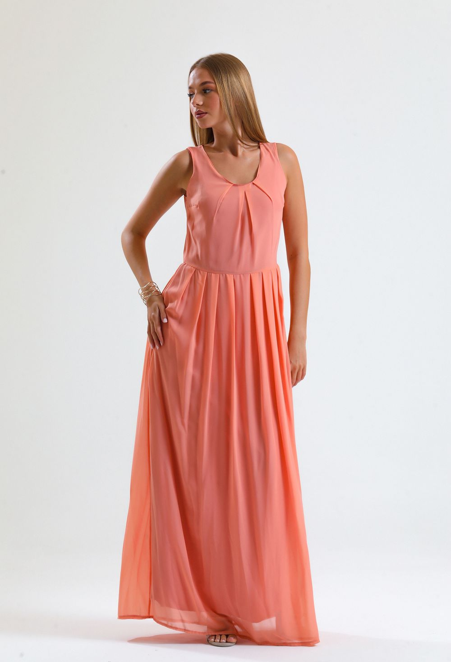 Salmon Lined Pleated Chiffon Long Dress - Brand: SENSE - Women & Kids, Baby Clothes Wholesale - TheBS Women