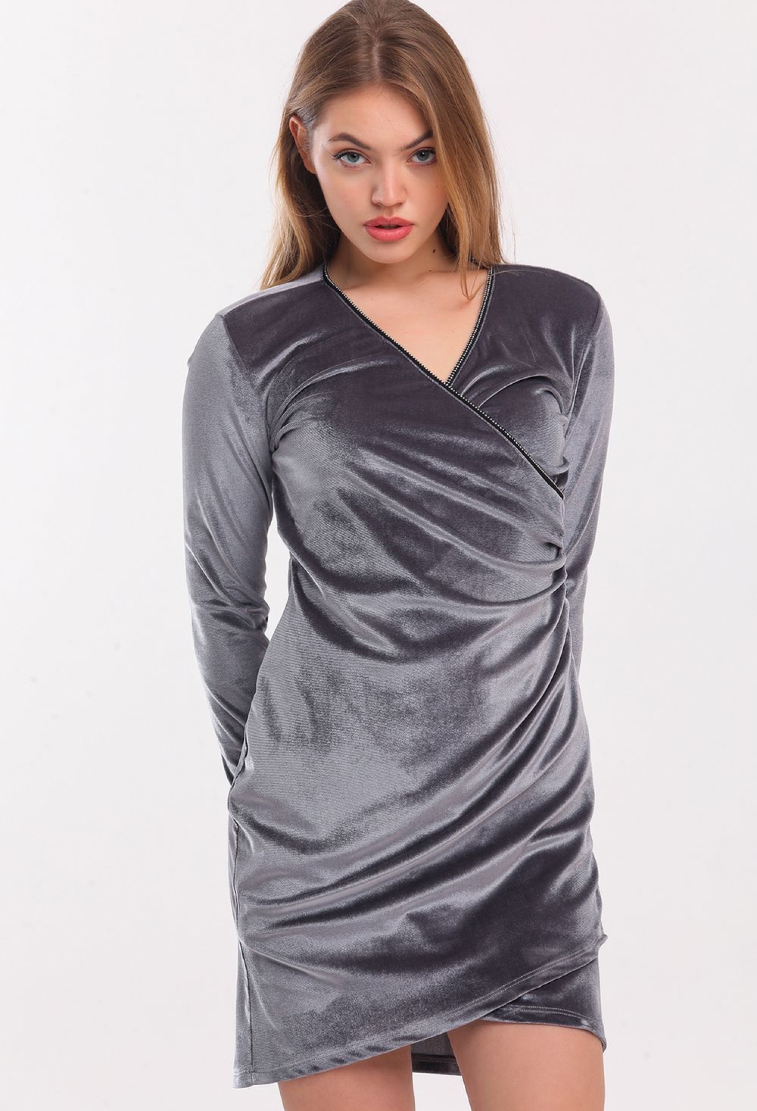 Gray Double Breasted Long Sleeve Velvet Mini Stone Evening Dress - Brand: SENSE - Women & Kids, Baby Clothes Wholesale - TheBS Women