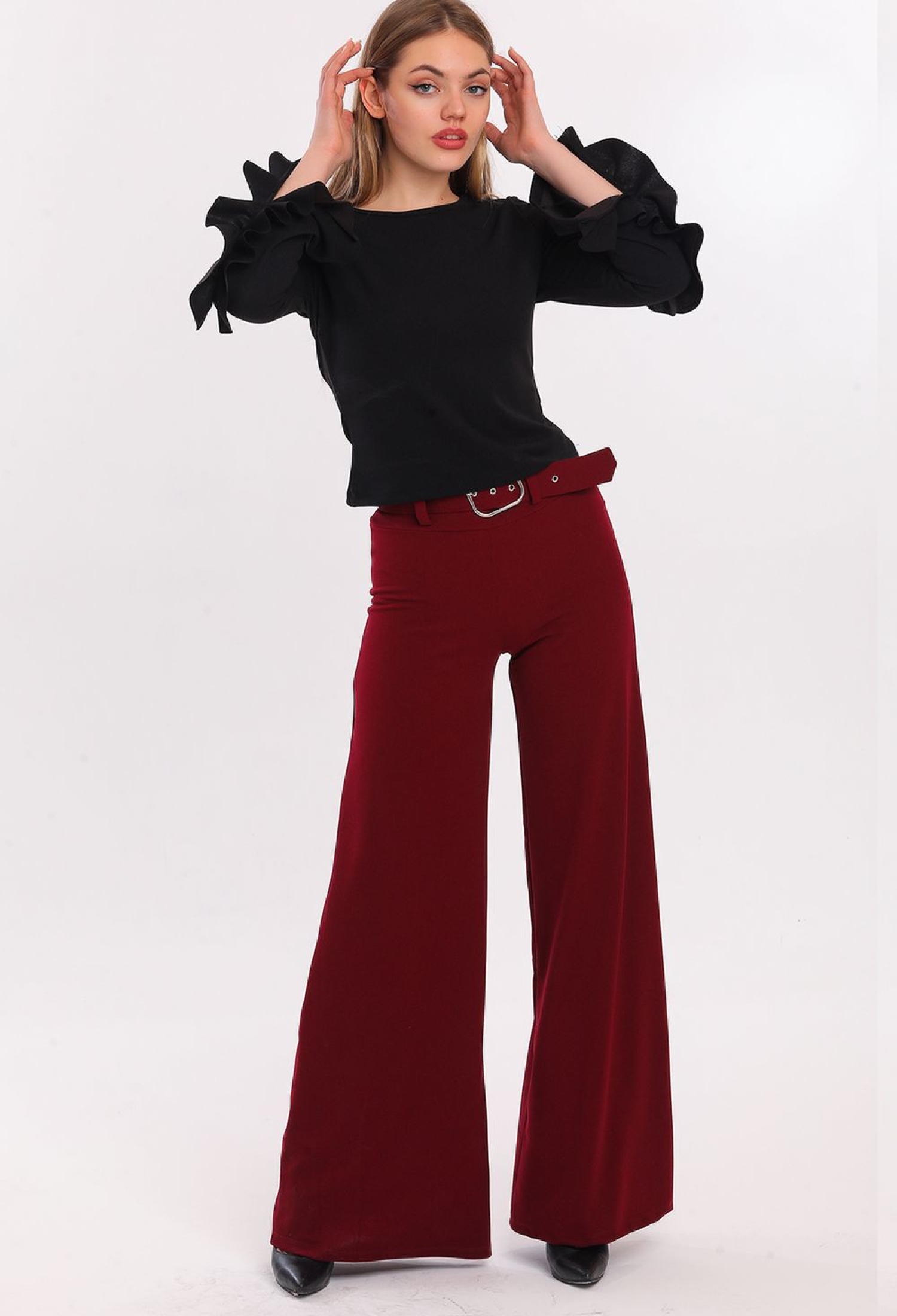 Burgundy Belted Flare Leg Scuba Crepe Trousers - Brand: SENSE - Women & Kids, Baby Clothes Wholesale - TheBS Women