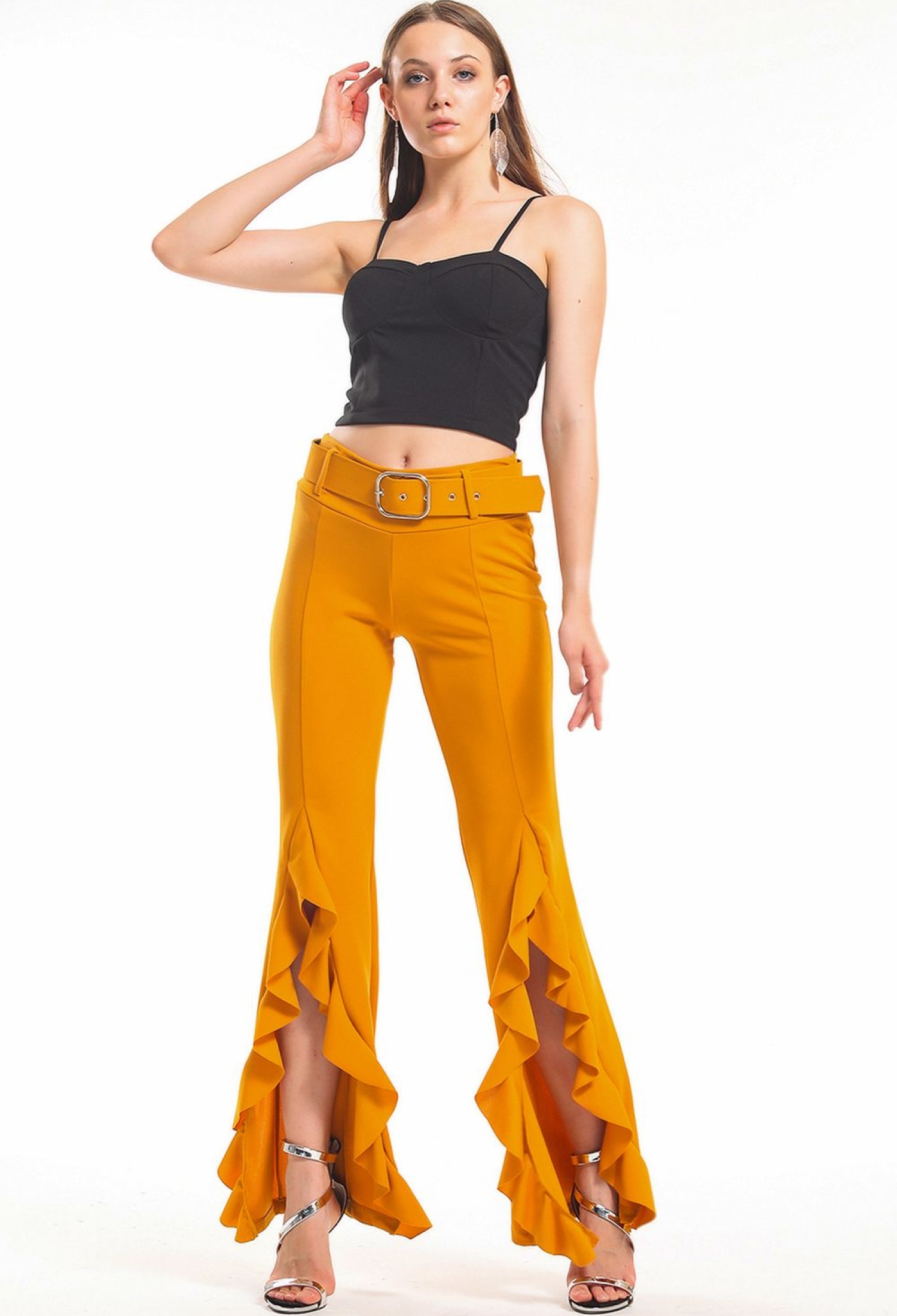 Sense Saffron Belted Side Flounce Scuba Crepe Trousers_Pnt33381 - Brand: SENSE - Women & Kids, Baby Clothes Wholesale - TheBS Women