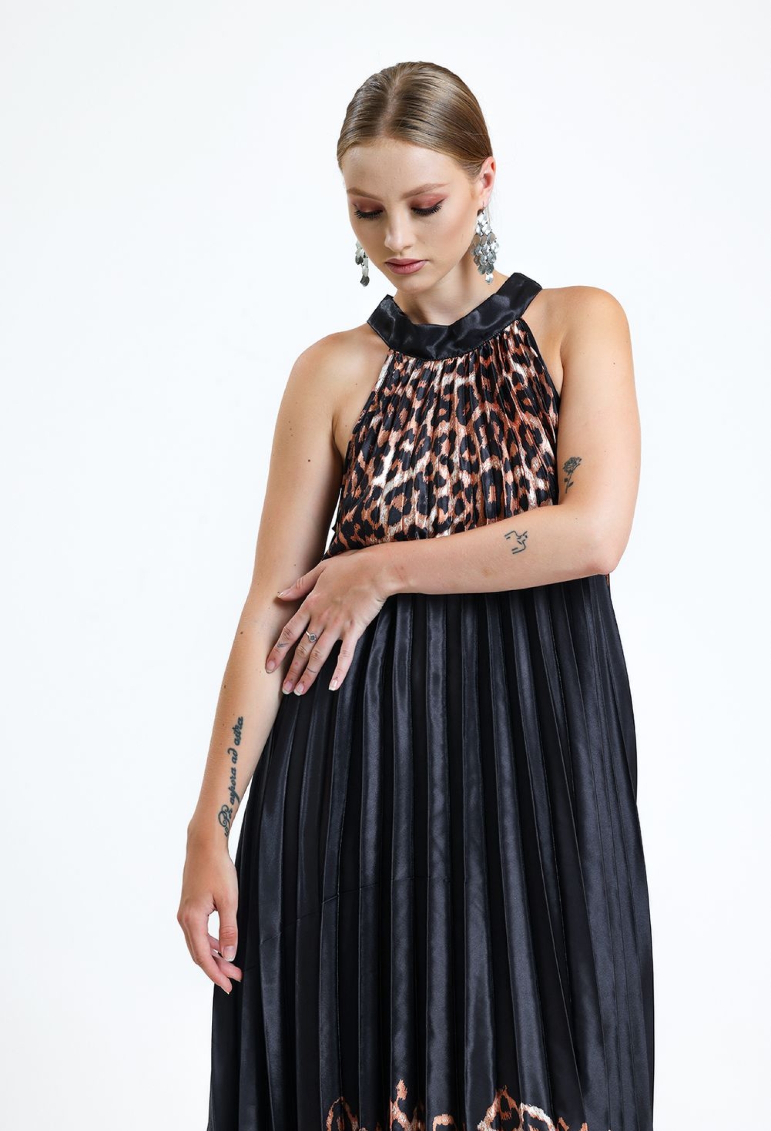 SenseLeopard Halter Neck Pleated Digital Printed Sleeveless Satin Dress - Brand: SENSE - Women & Kids, Baby Clothes Wholesale - TheBS Women