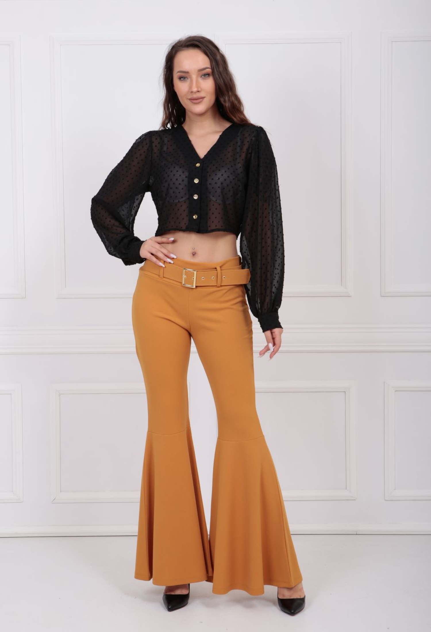 Sense Saffron Fabric Coated Belt Below Knee Flounce Pique Trousers - Brand: SENSE - Women & Kids, Baby Clothes Wholesale - TheBS Women