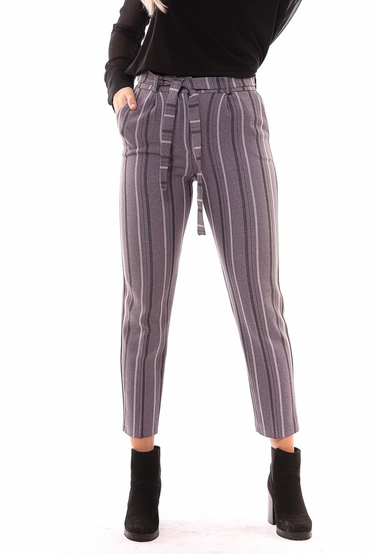 Sense Gray Striped Waist Belted Ankle Trousers - Brand: SENSE - Women & Kids, Baby Clothes Wholesale - TheBS Women