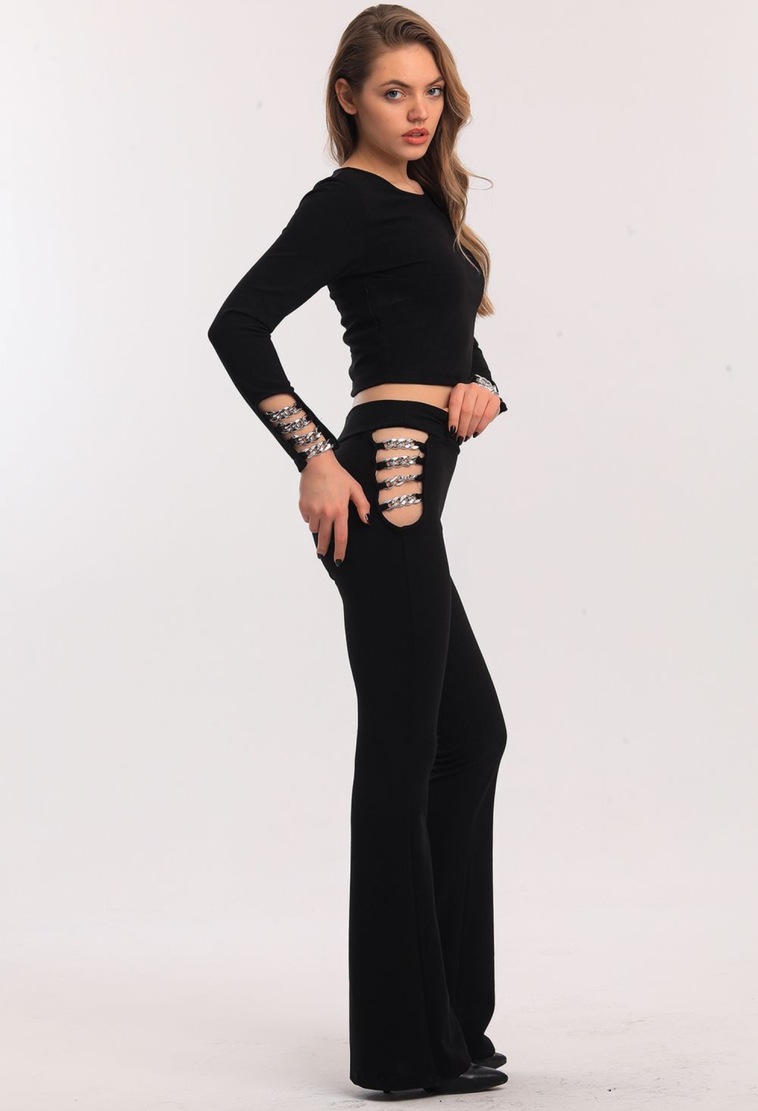 Sense Black Ring Chain Flare Leg Scuba Crepe Trousers - Brand: SENSE - Women & Kids, Baby Clothes Wholesale - TheBS Women