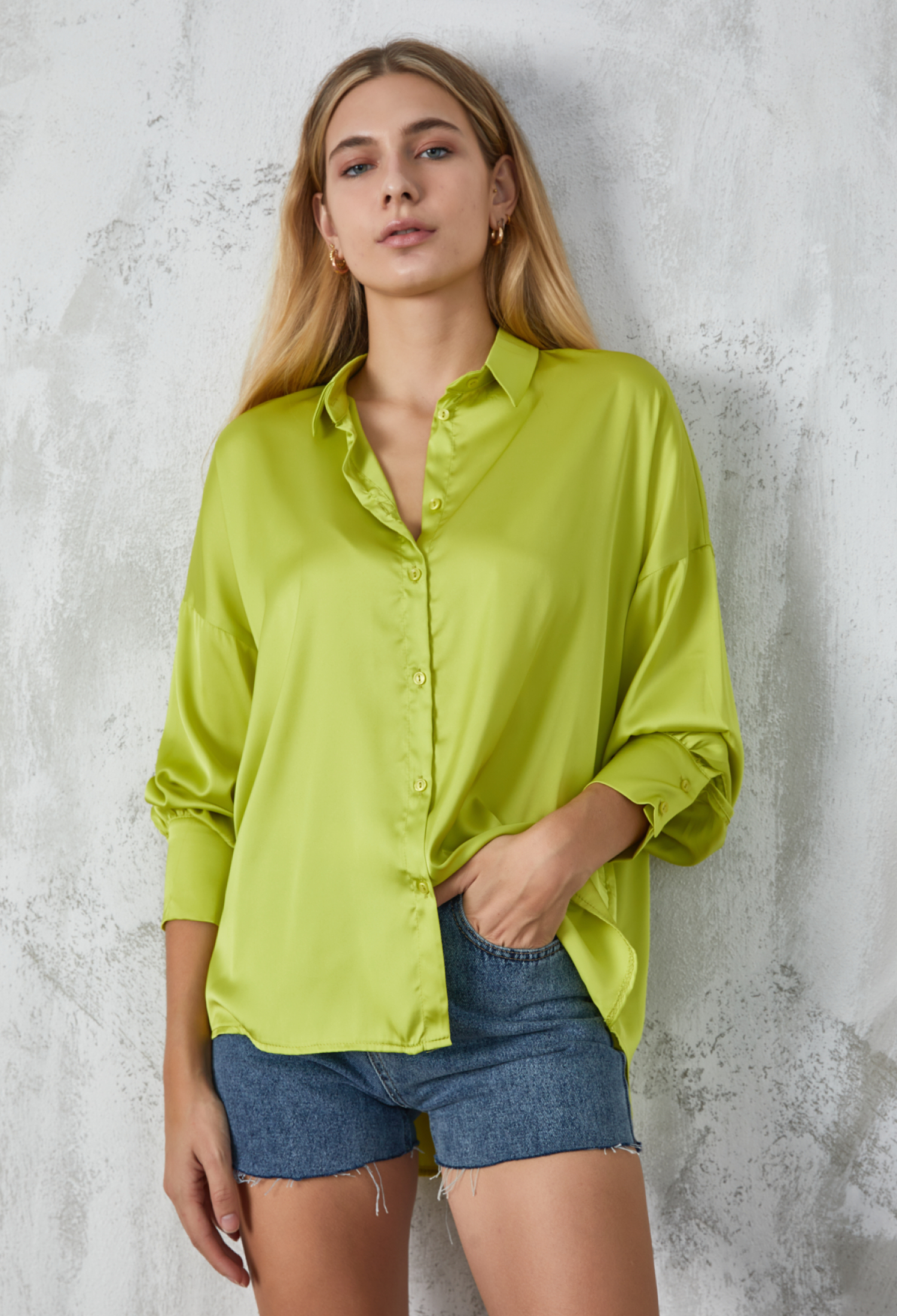 Green Wide Cuff Satin Shirt - Brand: First Angels - Women & Kids, Baby Clothes Wholesale - TheBS Women